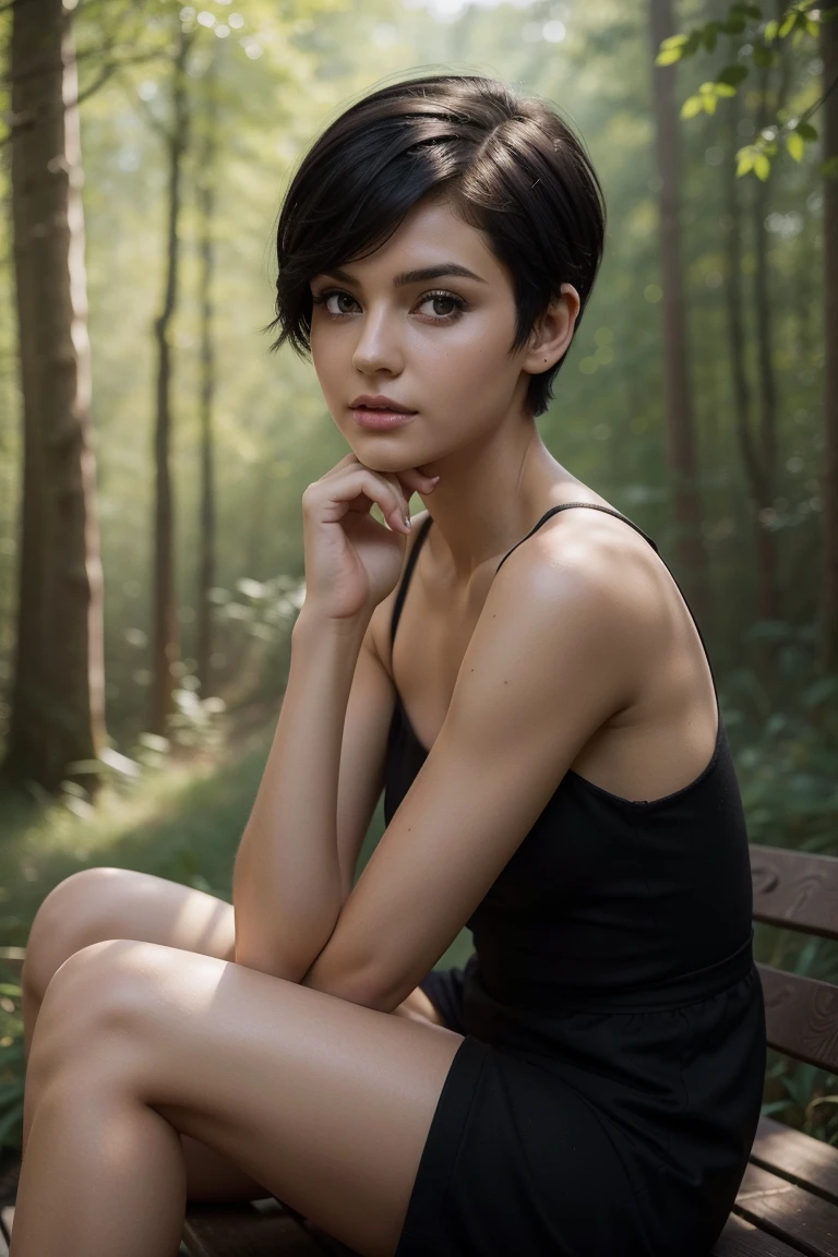 best image quality, masterpiece, very high resolution, (fidelity: 1.4), photo, 1 girl, daytime, forest glade, best quality, 8k, masterpiece: 1.3, ultra-realistic, sitting on a bench posing for a photo, leaning towards cams, fairy shape short black hair, Anastasia ovchinnikova, black short hair, pixie cut short black hair, with short hair, Olga Buzova, short black hair, alina ivanchenko, short dark haircut, fairy haircut, fairy haircut, Julia Gorokhova , short dark hair, Masterpiece, (short black hair), outdoors, best quality, very high resolution, raw photo, diffused sunlight,