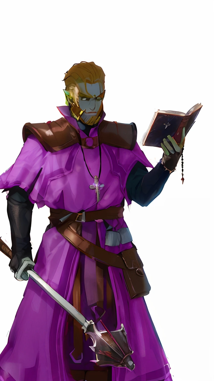 ((belo orc)) with short straight blond hair dressed like a clergyman holding a book in one hand and in the other a sledgehammer 4k HD