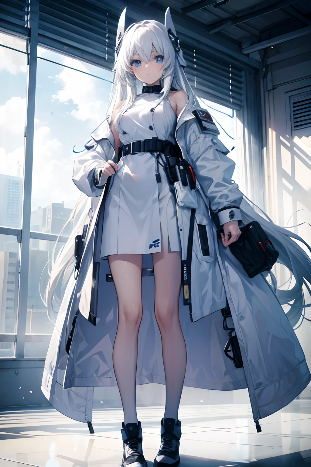 Near future, a cool, White attire, Mysterious accessories,