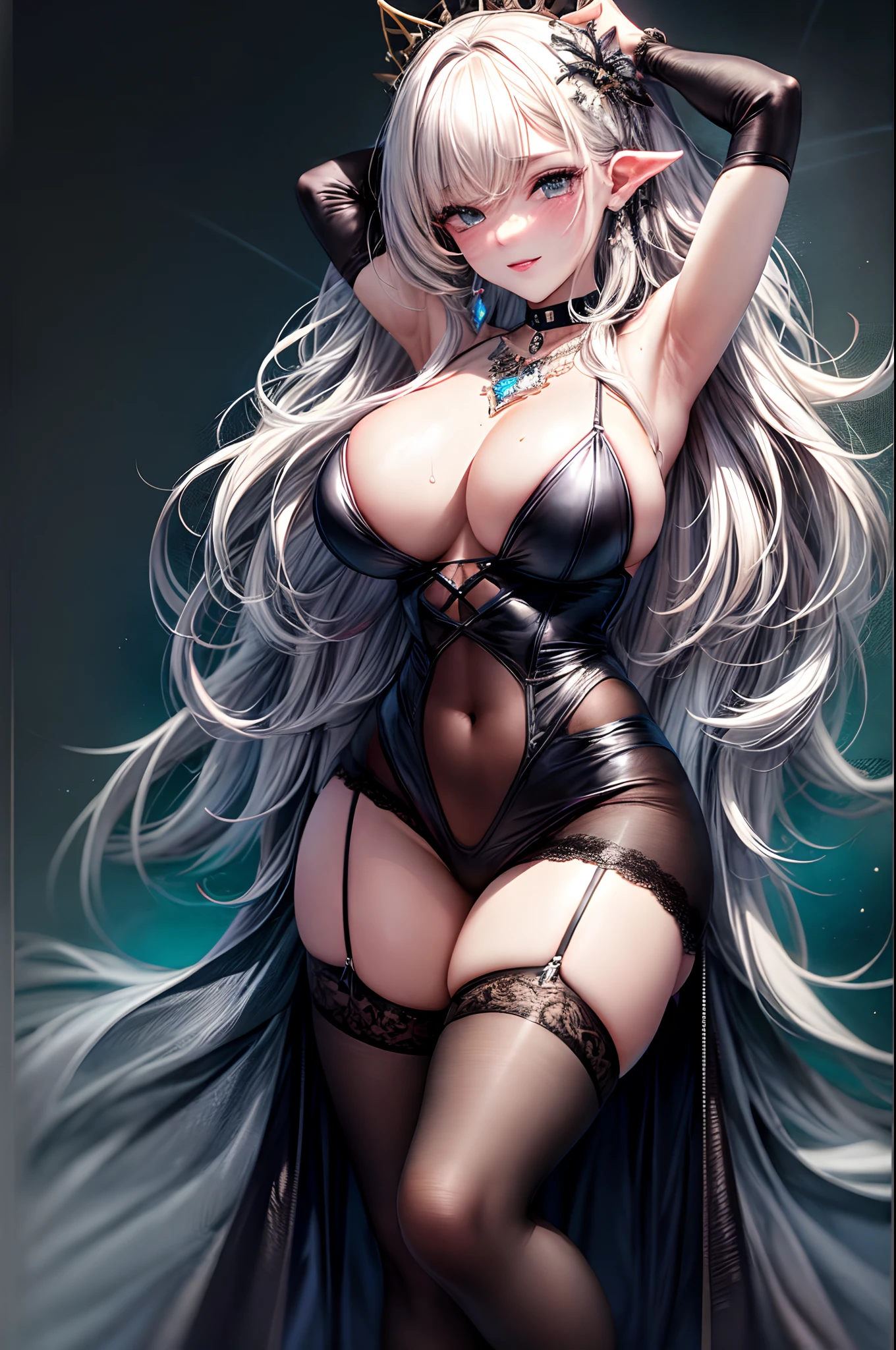 （8K，tmasterpiece，realisticlying），（Hyper-detailing，ultraclear，Full body view），（ssmile：1.1），（（long wavy white hair）：1.3，beatiful detailed eyes，Perfect proportions，eyes with brightness，Light makeup，choker necklace，ear jewelry，Pink and moist lips），1.With a sexy wife，sacred place，On the throne，Clothes soaked with sweat，Bright sunshine，Free and rational behavior，Limbs and fingers are clear，Black openwork robe without sexy back，Elegant and beautiful hairpins，White wavy curls，Wear black stockings and high heels，（gigantic cleavage breasts，heavy breasts，large abs，Fitness buttocks，Slender beautiful legs，Stretch meat，Fair and moisturized skin），（The atmosphere is ambiguous，Fairy World：1.2）