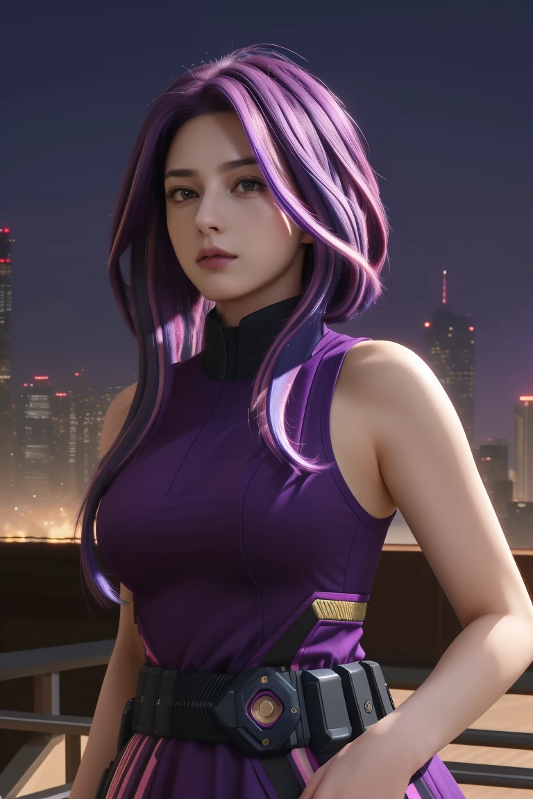 scan, (extremely detailed CG unity 8k wallpaper:1.1), highres, (1girl), lady nagant, boku no hero academia, (purple hair), (multicolored hair), (purple eyes), black dress, sleeveless, breasts, belt