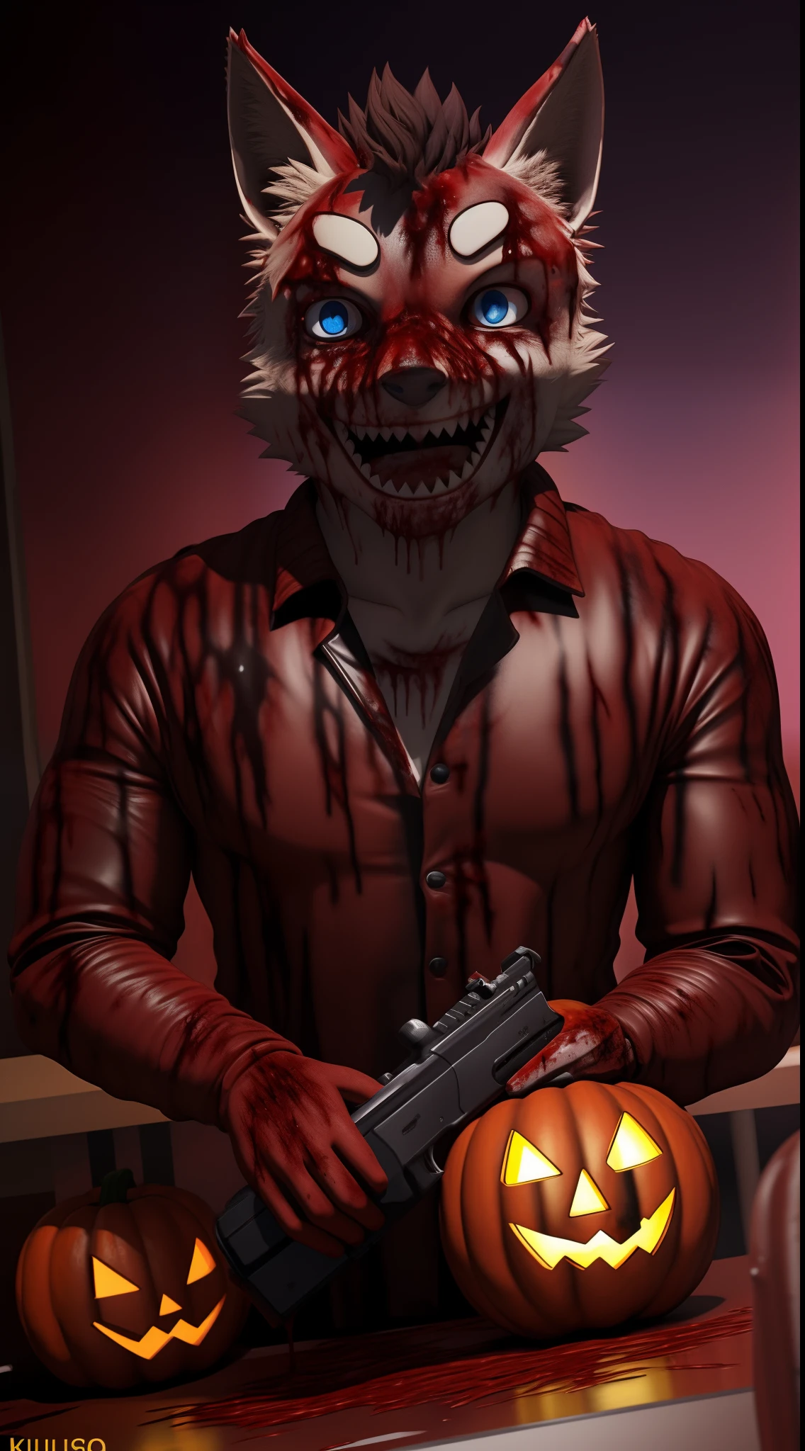 Halloween Special - Kuugo looking at the viewer with a lot of hatred in his blue eyes holding a gun covered in blood bizarre and distorted smile a very strange background of a diner covered in blood inside an original visual in 3D full HD 8K