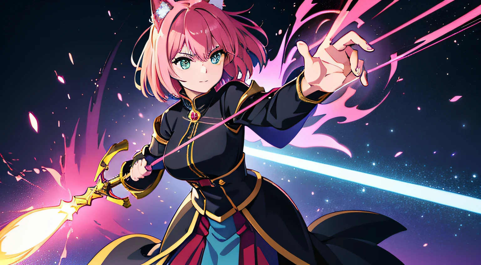 (woman), (akane kurokawa), (ultra-detailed, perfect pixel, highres, best quality, beautiful eyes finely detailed), (fox eared), (full body:0.8), 19 years old anime girl, short raven hair, wavy hair, parted bangs, pink hair, gradient hair color, flowing crimson hair that dances like flames, there is many red fire swirling around her body (transparent:0.7), showing her overpower aura (dangerous and terrifying aura), dangerous, she holding a wizard staff, casting a powerful explosion magic, grand magus, green eyes, strong and heavy steel armor, prestigious, realistic fire, the background is full of magical particles and realistic blue fire. lens flare, glowing light, reflection light, motion blur, 8k, super detail, ccurate, best quality, Ray tracing.