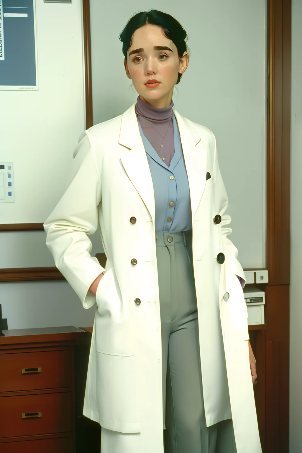 1995, Boston. Pre-raphaelite ((((40-year-old)) jennifer connelly)), doctor, hospital elegant office, working, ((((casual Clothing from the 1990s, tailored pants and bouse, white coat)))) ((short Hairstyle of the 1990s)), ((Wes Anderson cinematic style)), colorful