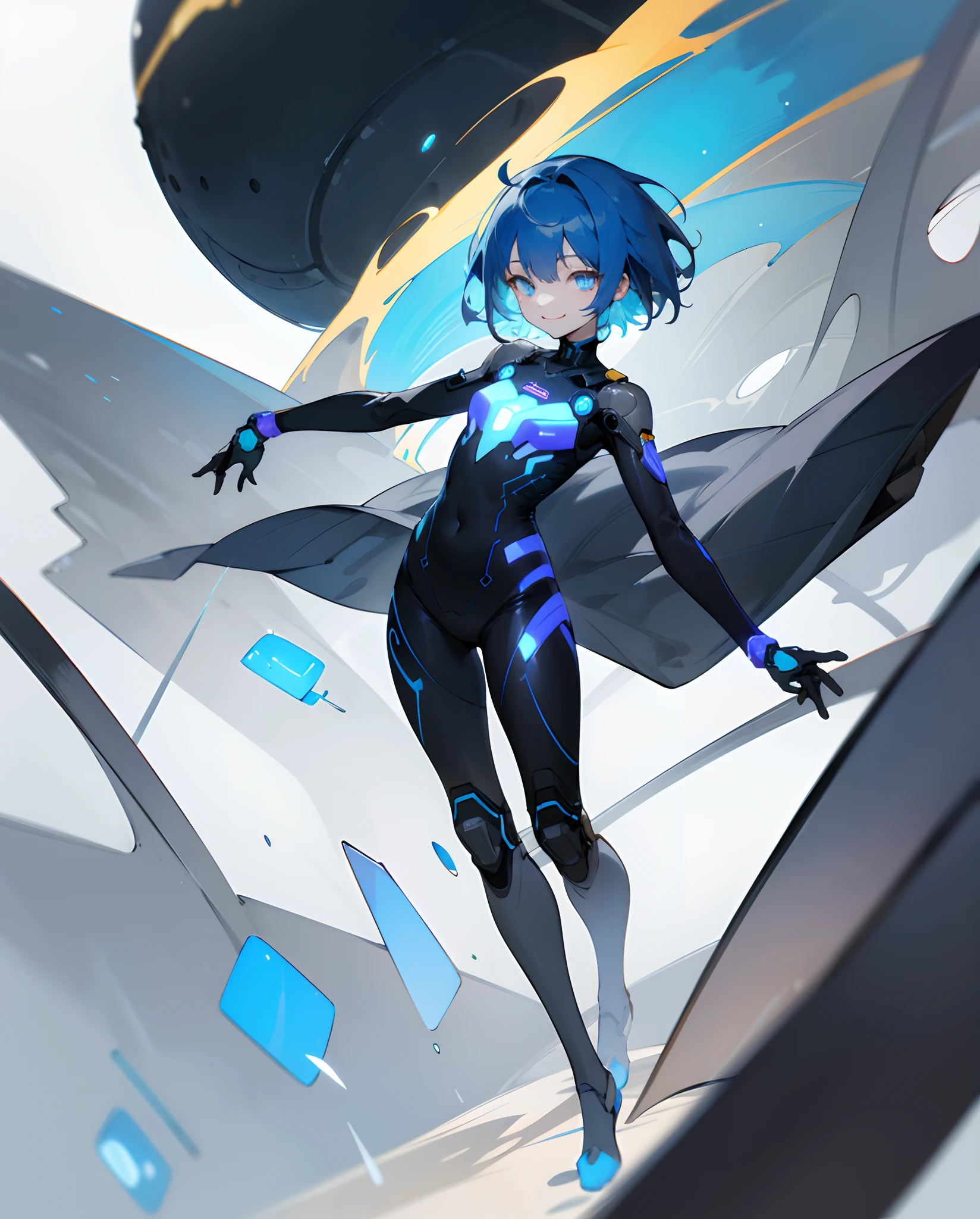 top-quality、Top image quality、​masterpiece、超A high resolution、Android Beautiful Girl、sixteen years old, Cybersuit glowing black, Blue energy source for the chest、Blue hair、short-haired、colorful eyes、A slender、The face is depicted in detail、Eyes are drawn in detail、Clothes are depicted in detail、hiquality、Beautiful Art、Fantastic Universe、Elaborate design、soio、sorcerer、kindly smile、animesque、illustratio、Full body front