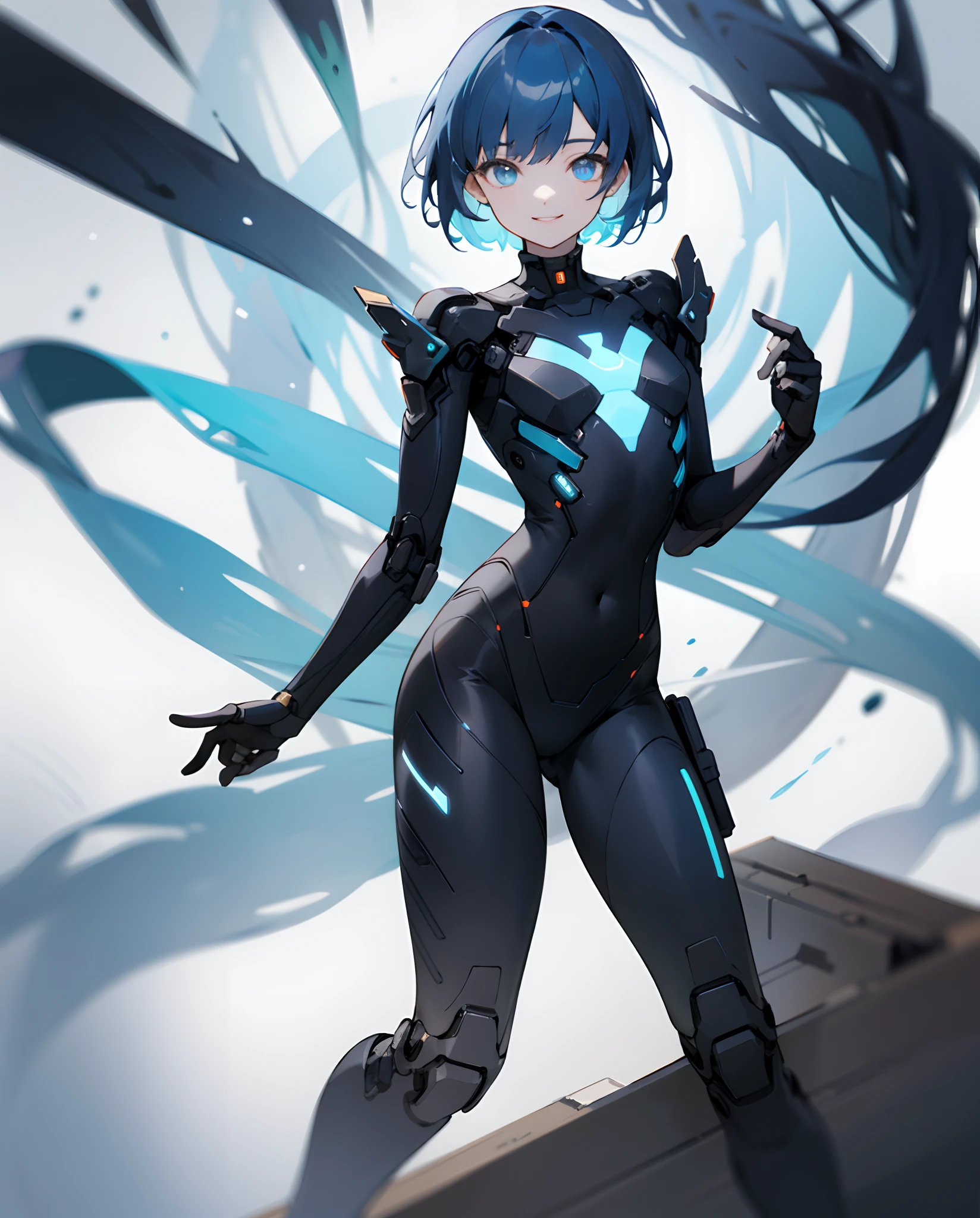 top-quality、Top image quality、masterpiece、超A high resolution、Android Beautiful Girl、sixteen years old, Cybersuit glowing black, Blue energy source for the chest、Blue hair、short-haired、colorful eyes、A slender、The face is depicted in detail、Eyes are drawn in detail、Clothes are depicted in detail、hiquality、Beautiful Art、Fantastic Universe、Elaborate design、soio、sorcerer、kindly smile、animesque、illustratio、Full body front