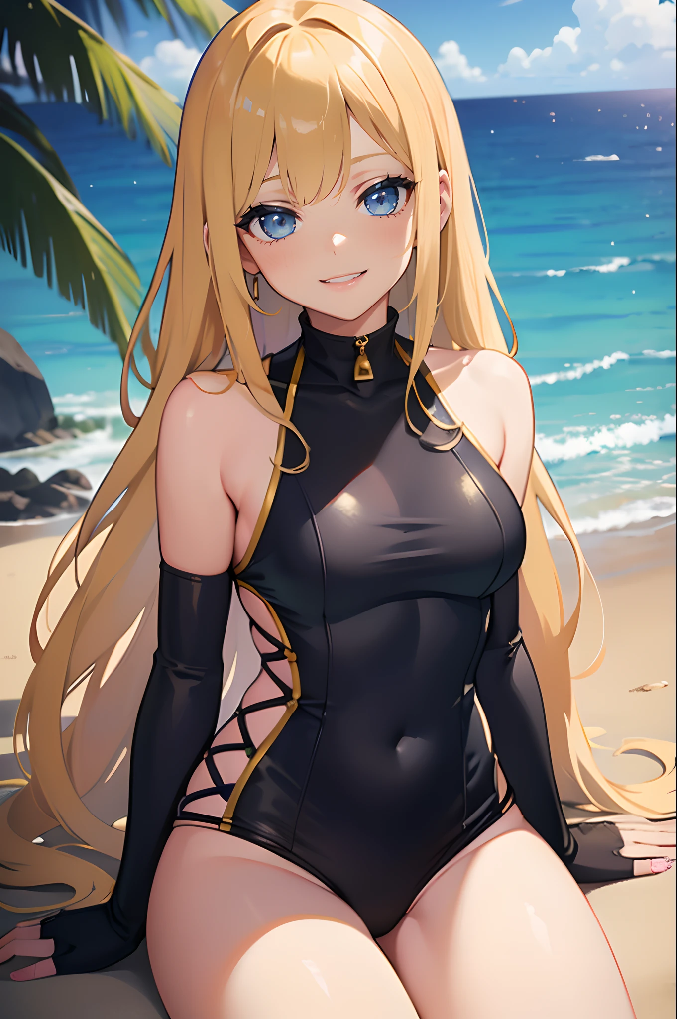 Safe for work, masterpiece, best quality, solo, 1 girl, (young female body:1.4), ( medium breasts), slender legs, yellow golden hair, extra long hair, wavy hair, blunt bangs, crystal blue eyes, very detailed eyes, beach, black onepiece bathing suit, bathingsuit with shorts, modest bathingsuit, sitting sideways, elegant, smiling, flustered, cute girl, cowboy shot, onepiece bathingsuit, good details