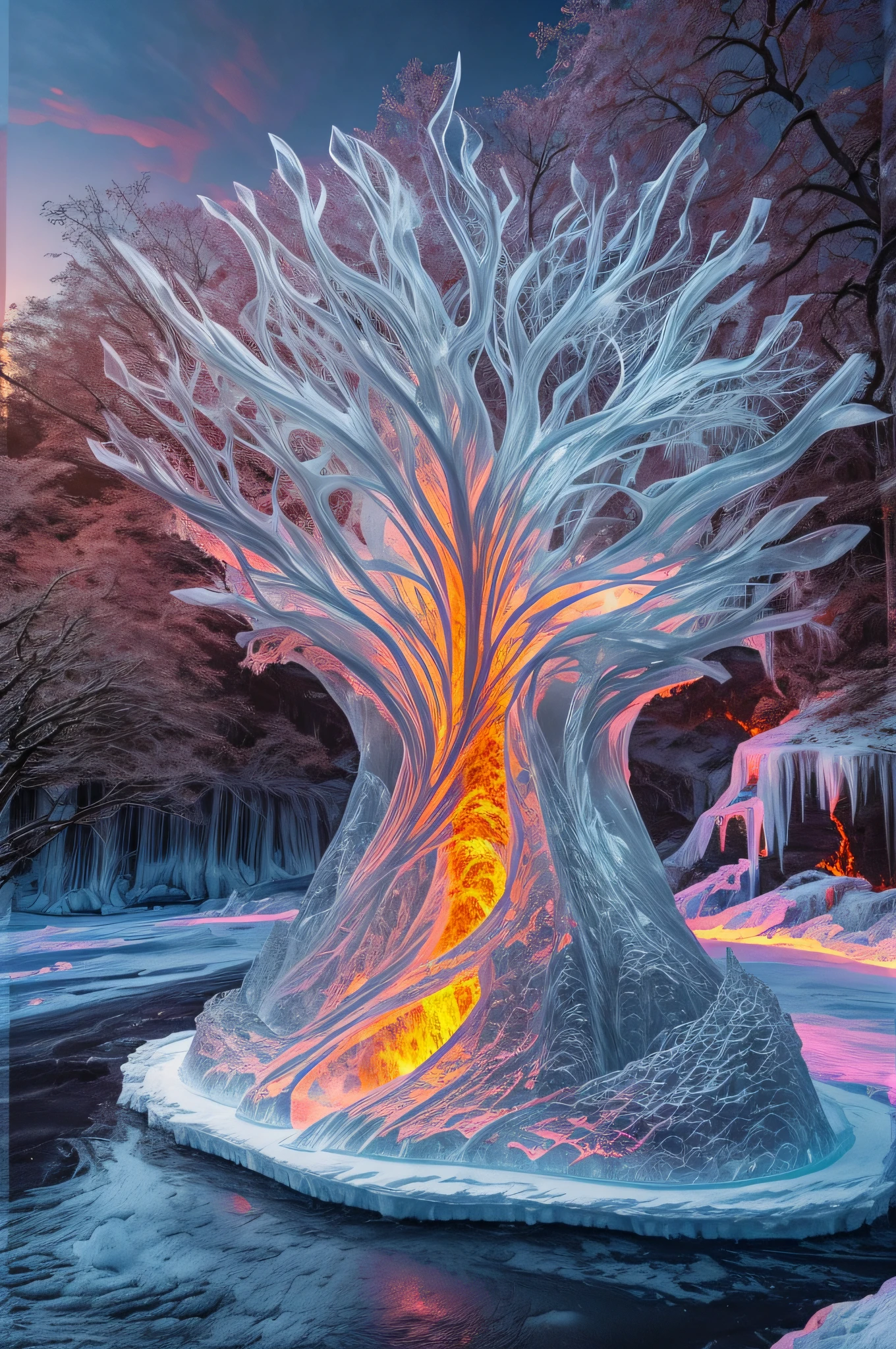 ice sculpture of a an epic tree (ice sculpture :1.5) , standing on an island surrounded by a stream of (lava: 1.2), best quality, 16k, [ultra detailed], masterpiece, best quality, (ultra detailed), full body, ultra wide shot, photorealistic