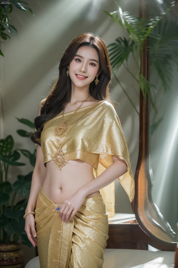 Detailed faces, Clear Face, beautiful girl, (((See the whole body......., Long slender legs.......))), beautiful make up, Red lips, Black Hair, Lots of lashes, (((very long hair, Extra long hair))), Medium body, Big breasts, super large breasts,(((emphasis on breasts, breast augmentation))), Thai angel costume, antique, Traditional Thai costumes, Fully dressed, HD, Full body , The stomach was visible........, I see beautiful legs., Sit on the throne., Castle backdrop