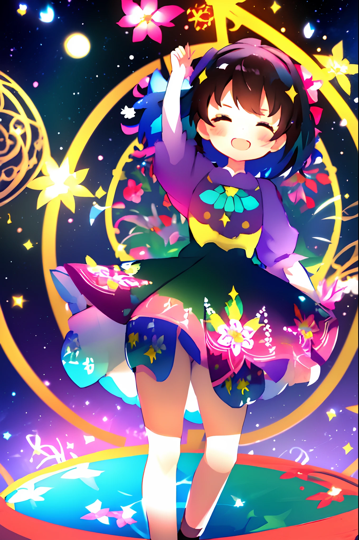 Extremely detailed,(Fractal Art:1.1),(Colorful:1.1)(Flowers:1.3)、 (Dynamic Pose), (Abstract background:1.3)、(Many colors:1.4)、Place one small doll on a circular stand、kawaii pose、A smile、A dark-haired、Chibi Doll、Stars in the eyes（kirakira）、Singing with microphone in hand、Eye Up、Laugh、Cute red shoes、Ultra Detail, radiant light、bio luminescent、Stronger bokeh effect、Taken from the side