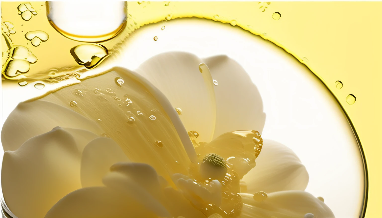 Close-up of a flower in a glass of water, Organic liquid texture, made of oil and water, petals, liquid translucent amber, dew, oil on water, detalhes intrincados do fluido, Lotus, glowing oil, in detail, cooking oil, Golden mist, oil inks, Dewy skin, ultrafine detail ”, sparkling petals, lotus petals