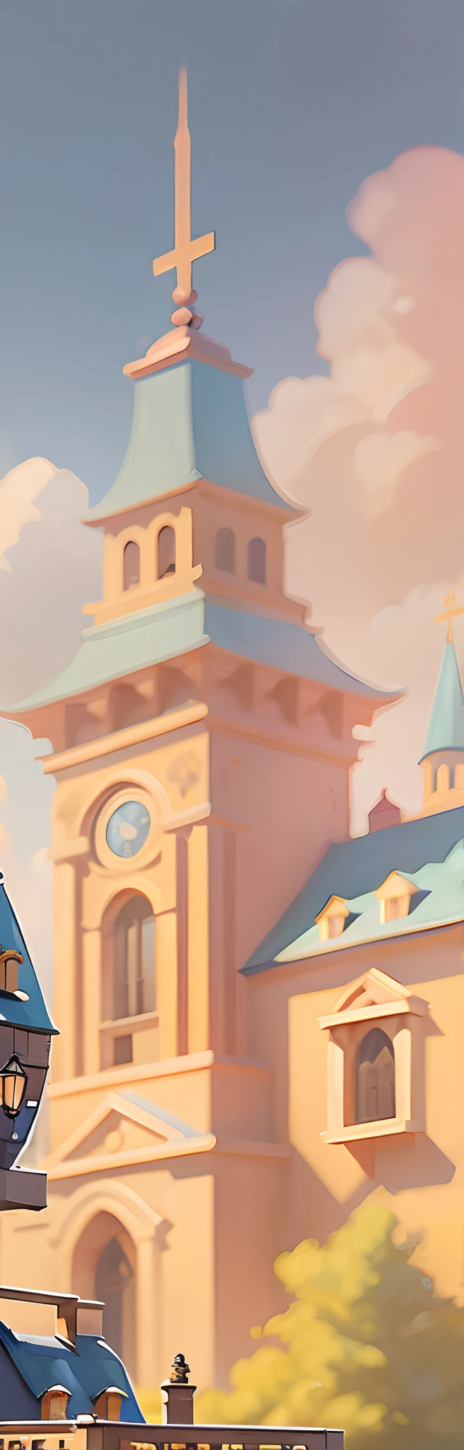 In front of the building there is a bell tower,There is a clock on it, palace background, town background, Banner, town center background, cathedral background, arte de fundo, krenzcushart, background artwork, Church background!, Solid Backgroud, Castle background, Detailed background, high detal, Church background, detailed digital illustration, Artgerm and Atey Ghailan