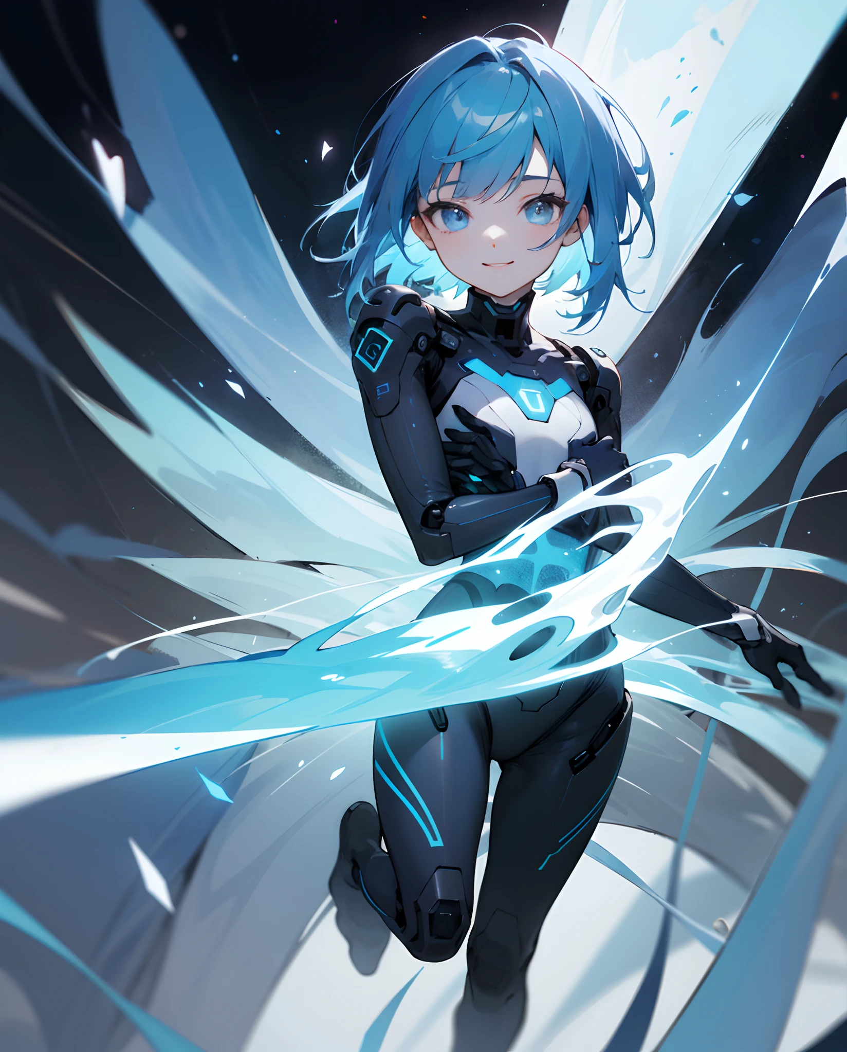 top-quality、Top image quality、masterpiece、超A high resolution、Android Beautiful Girl、, Black glowing flower cyber suit, Blue energy source for the chest、Blue hair、short-haired、colorful eyes、A slender、The face is depicted in detail、Eyes are drawn in detail、Clothes are depicted in detail、hiquality、Beautiful Art、Fantastic Universe、Elaborate design、soio、sorcerer、kindly smile、The background is detailed、animesque、illustratio、Full body front