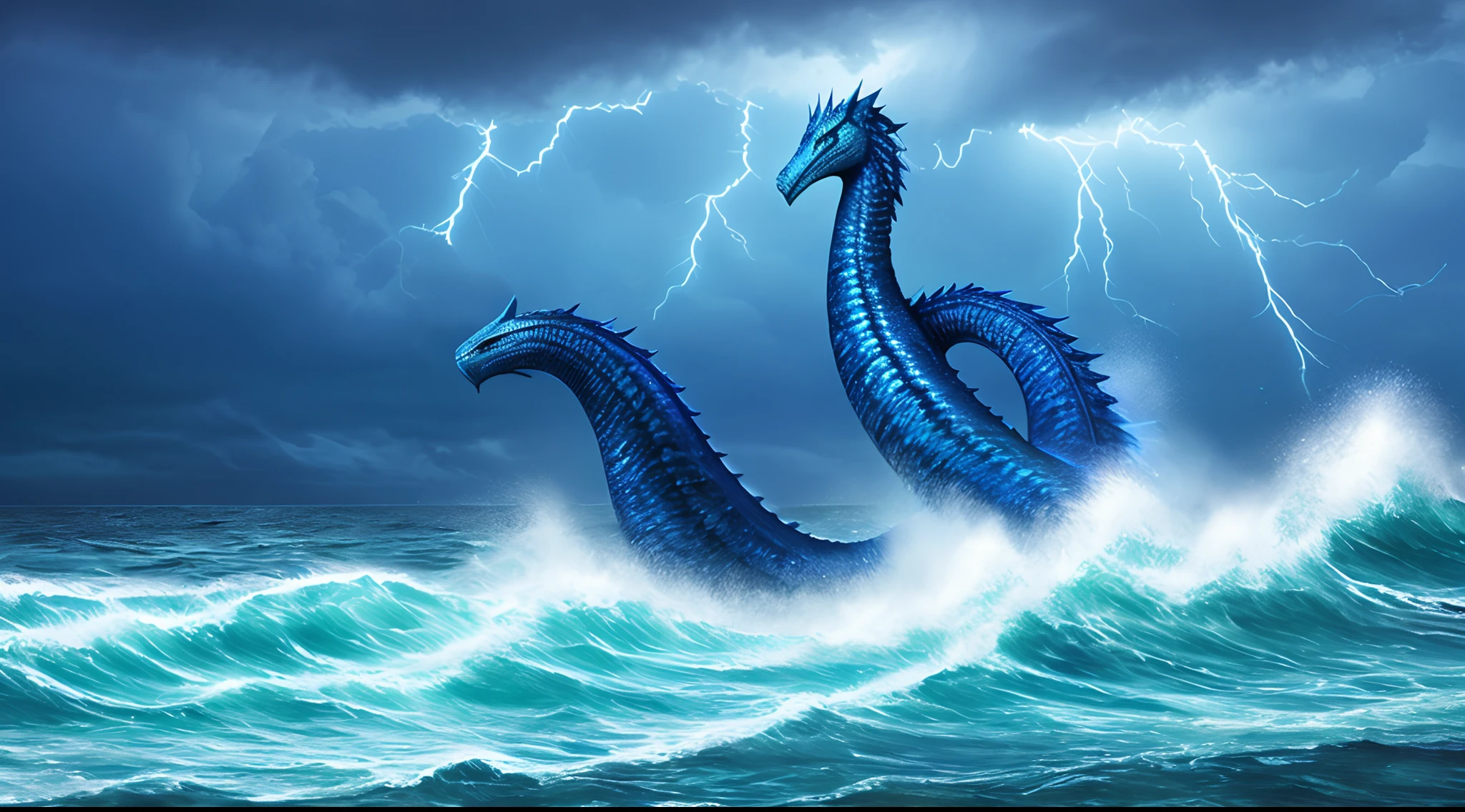 Realistic sea serpent blue lighting in stormy sea