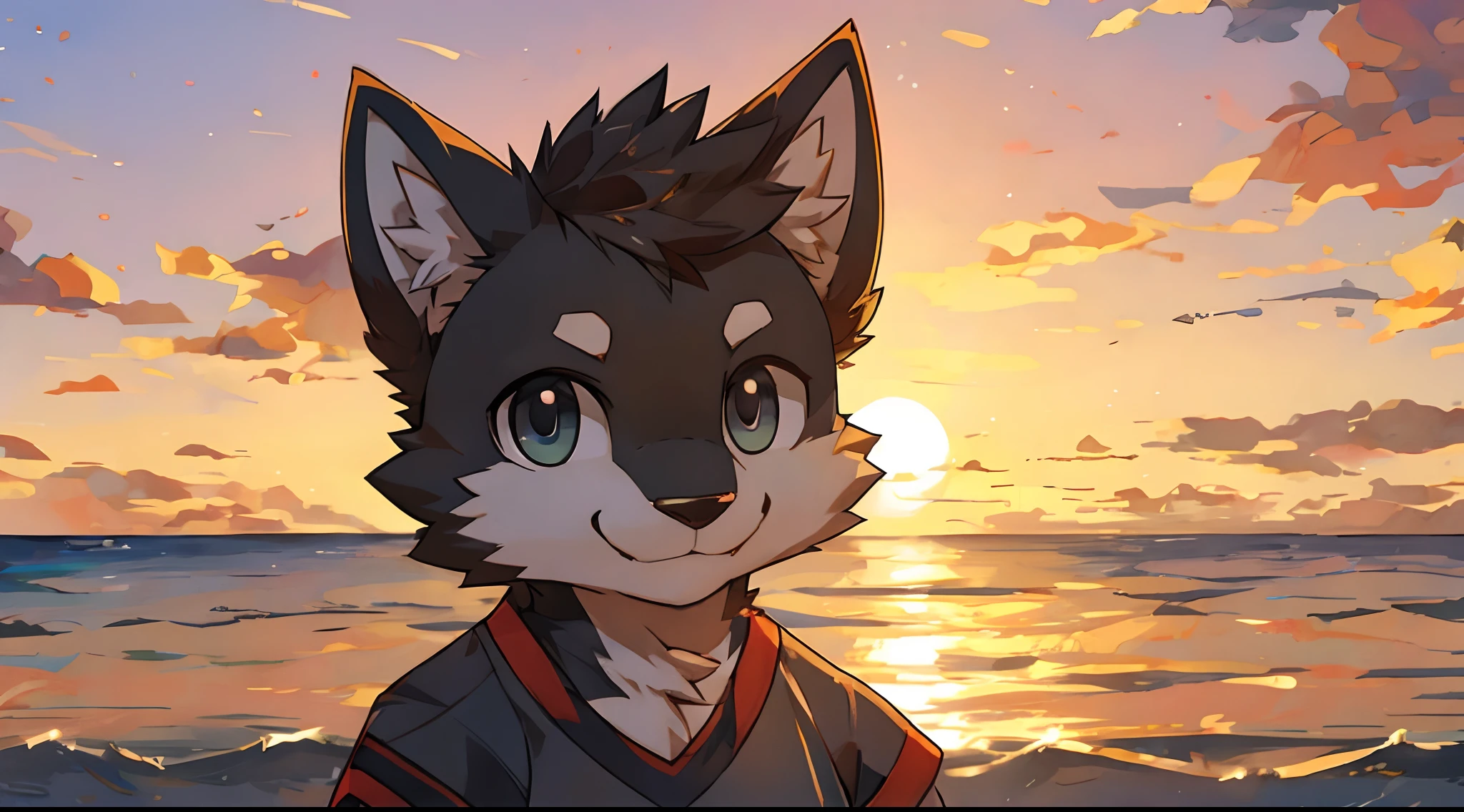 furry,fur,body fur,solo,male,(smile),((ocean,sunset)),short sleeves,character focus, full of black fur, black eyes,BREAK,aoeu