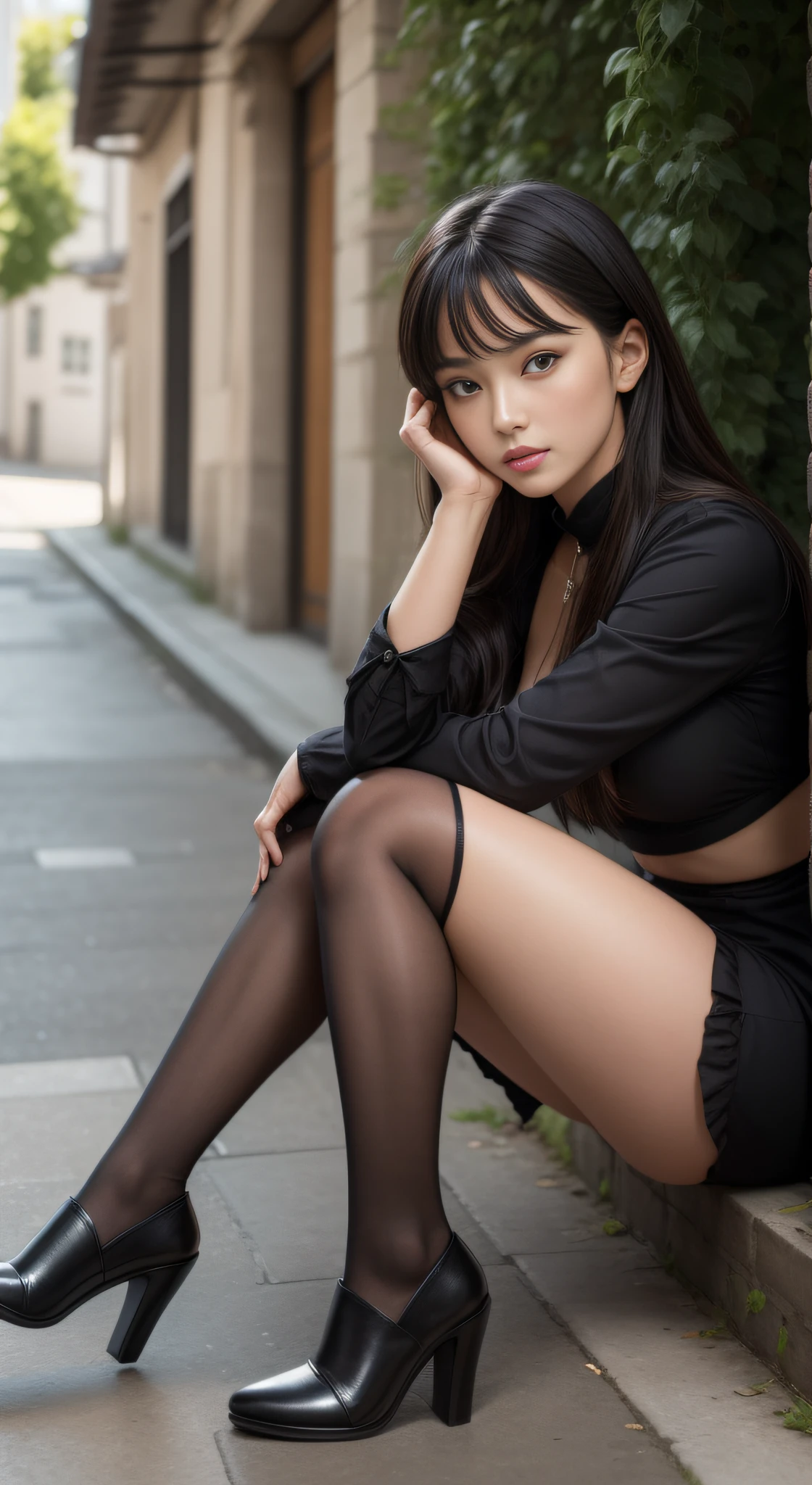 8K, Meisterwerk, RAW-Foto, best quality, fotorealistisch, extrem detailliertes CG Unity 8K Wallpaper, Depth of field, Filmisches Licht, Blendenfleck, raytracing, (extremely beautiful face, beautiful lips, gorgeous eyes), Komplizierte Details Gesicht, ((Ultra-detaillierte Haut)) 1girls, Im Dunkel, bindenfer Schatten, pretty asian girl, best quality, full-length portrait, Zartes Gesicht, handsome face, 25-year-old woman, schlanke Figur, mittlere Oberweite, OL Uniform, Bürokleidung, black legwear, Outdoor-Szene, Sitzposition, high heels, geeignet, binden