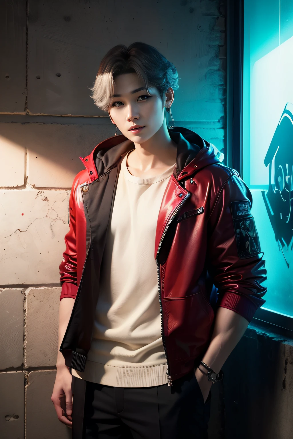 (((Suga))) a handsome guy, smile, wearing a cyberpunk jacket, modern black outfit, very handsome, standing pose, detailed face, detailed masculine body, (reality: 1.4), (A hyper-realistic), (high resolution), (8K), (highly detailed), ( Best Illustration), (eyes detailed), (ultra-detailliert), Bright lighting, Professional Lighting, The background is dirty wall with graffiti., floating lighting around.,
