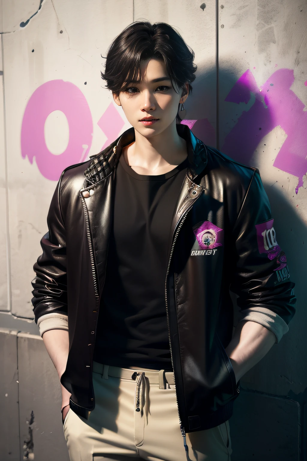 (((Suga))) a handsome guy, smile, wearing a cyberpunk jacket, modern black outfit, very handsome, standing pose, detailed face, detailed masculine body, (reality: 1.4), (A hyper-realistic), (high resolution), (8K), (highly detailed), ( Best Illustration), (eyes detailed), (ultra-detailliert), Bright lighting, Professional Lighting, The background is dirty wall with graffiti., floating lighting around.,