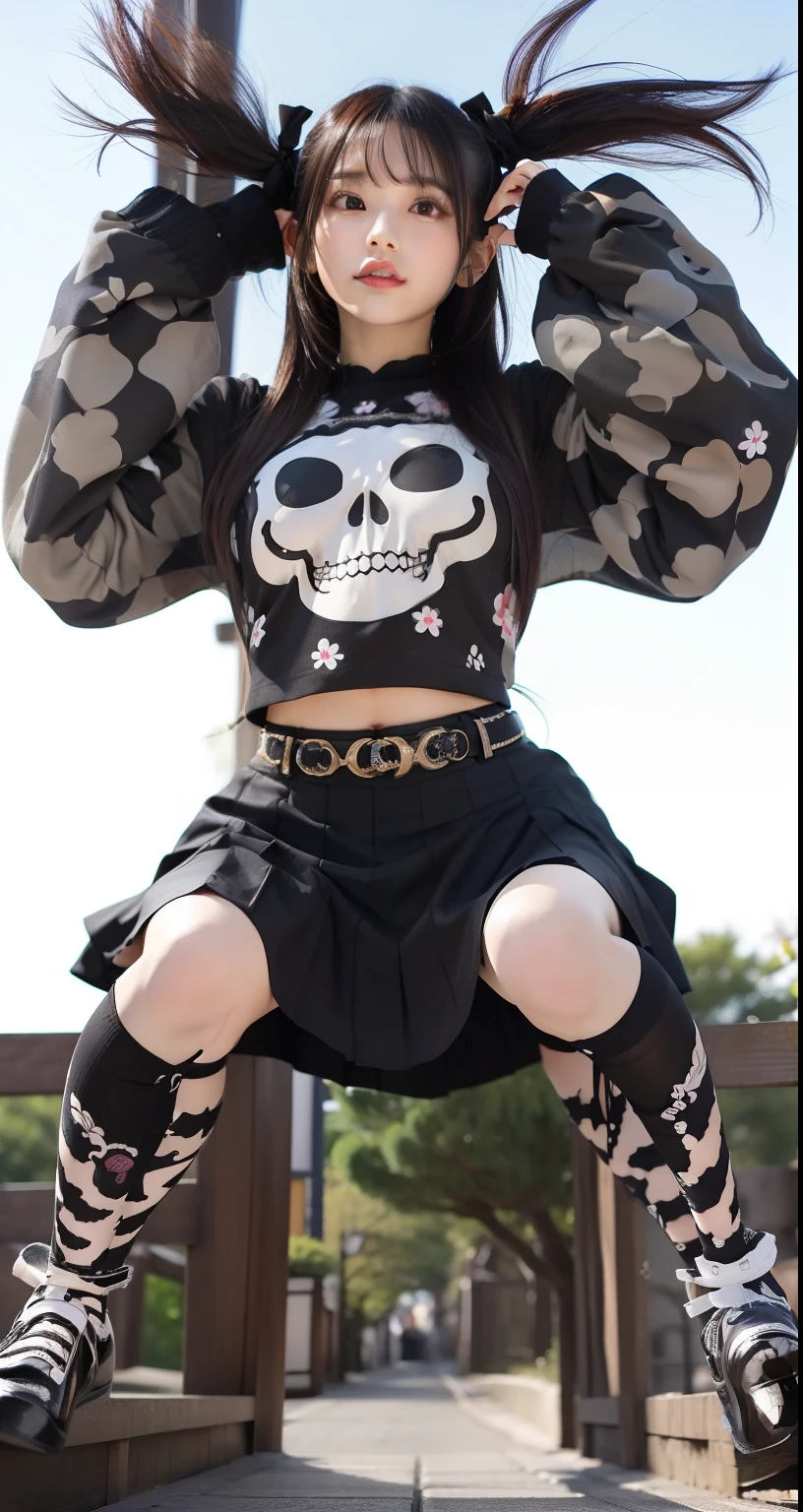 beautiful foot、Japan fashion covered in skeletons、female idol、Good Style、、、、Idol face、large full breasts、、、long beautiful legs、、Ribbed print tops、Black mini skirt