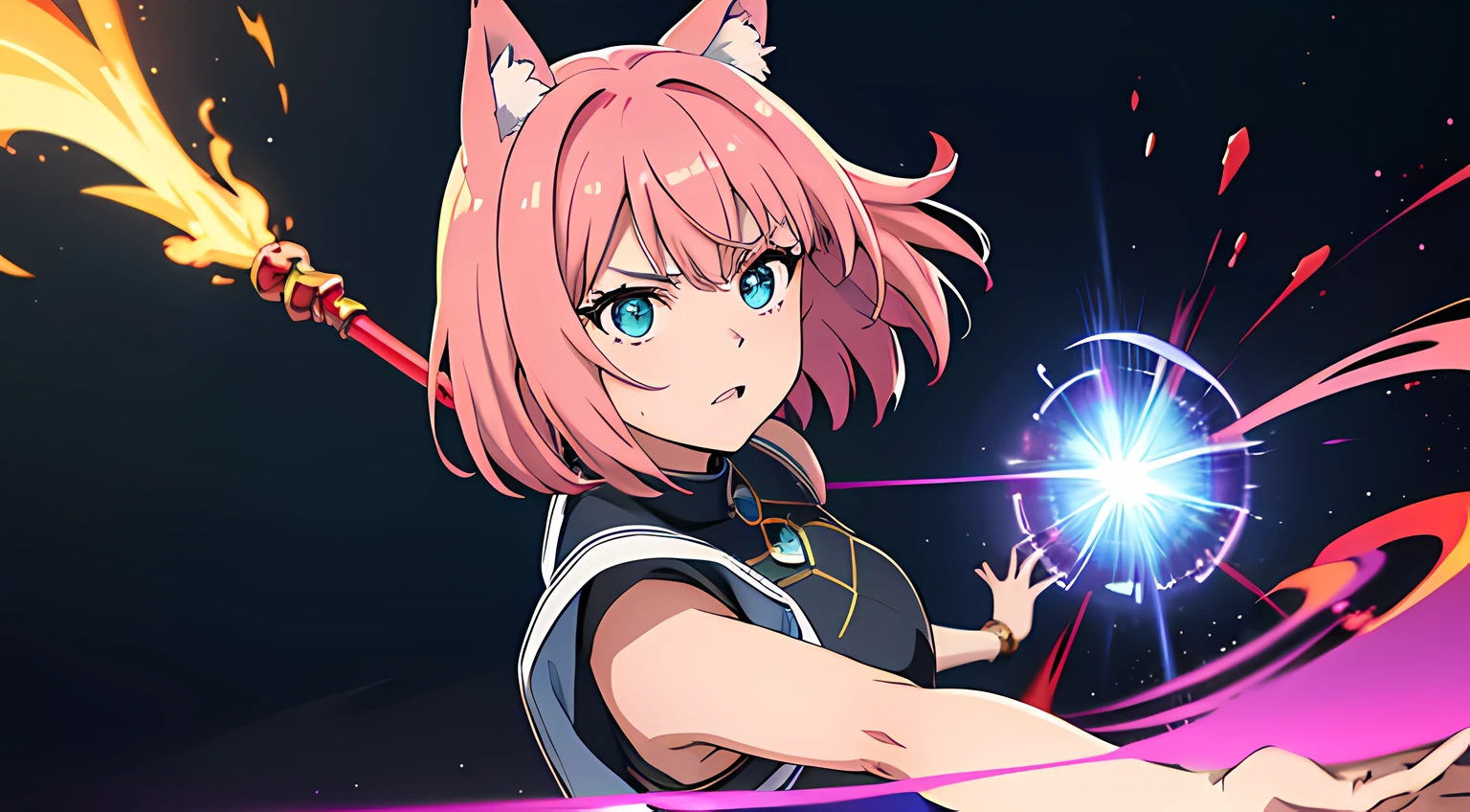 (woman), (akane kurokawa), (ultra-detailed, perfect pixel, highres, best quality, beautiful eyes finely detailed), (fox eared), (full body:0.8), 19 years old anime girl, short raven hair, wavy hair, parted bangs, pink hair, gradient hair color, flowing crimson hair that dances like flames, there is many red fire swirling around her body (transparent:0.7), showing her overpower aura (dangerous and terrifying aura), dangerous, she holding a wizard staff, casting a powerful explosion magic, grand magus, green eyes, strong and heavy steel armor, prestigious, realistic fire, the background is full of magical particles and realistic blue fire. lens flare, glowing light, reflection light, motion blur, 8k, super detail, ccurate, best quality, Ray tracing.