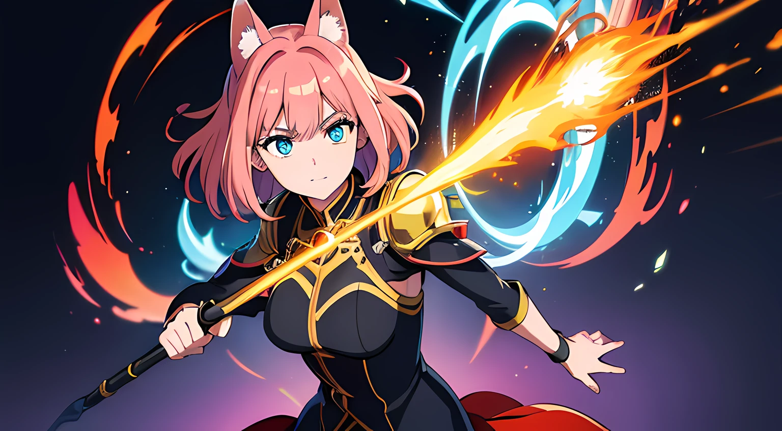 (woman), (akane kurokawa), (ultra-detailed, perfect pixel, highres, best quality, beautiful eyes finely detailed), (fox eared), (full body:0.8), 19 years old anime girl, short raven hair, wavy hair, parted bangs, pink hair, gradient hair color, flowing crimson hair that dances like flames, there is many red fire swirling around her body (transparent:0.7), showing her overpower aura (dangerous and terrifying aura), dangerous, she holding a wizard staff, casting a powerful explosion magic, grand magus, green eyes, strong and heavy steel armor, prestigious, realistic fire, the background is full of magical particles and realistic blue fire. lens flare, glowing light, reflection light, motion blur, 8k, super detail, ccurate, best quality, Ray tracing.