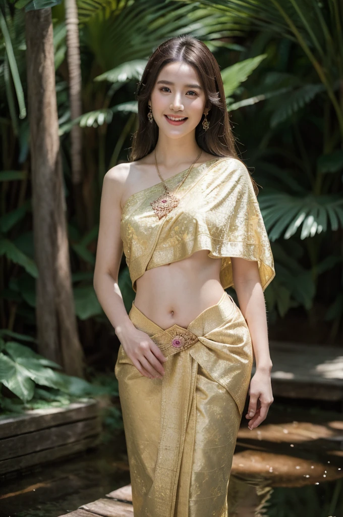 8k, masterpiece, RAW photo, best quality, photorealistic, extremely detailed CG unity 8k wallpaper, Depth of field, Cinematic Light, Lens Flare, Ray tracing, (extremely beautiful face, beautiful lips, beautiful eyes), intricate detail face, ((ultra detailed skin)), (liuyifei:0.2) 1girl, in the dark, deep shadow, pretty girl, (very slim slender fit-muscled body:1.3), ((looking at viewer)), (big smile:1.3), clear eyes, front shot, (pale skin), (big eyes), face forward, (brown hairs), (looking at viewer:1.3), very slim, small breasts, (upper body shot), BREAK (windy:1.4), (floating hair:1.3), (long sabai:1.4), (violet traditional thai dress), (jewelry:1.3), (navel), in wonderful garden, sunray, sun raise, sun light, (dynamic angle:1.2), (dynamic shot:1.2),