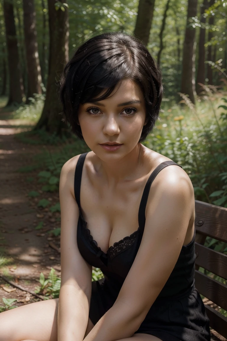 very high resolution, (fidelity: 1.4), photo, 1 robot girl, day, forest clearing, best quality, 8k, masterpiece: 1.3, ultra-realistic, robot woman, woman with a robot body, like an ex-machina, sitting on a bench posing for the photo, head like Anastasia ovchinnikova, black short hair, short black hair cut in a fairy tale, with short hair, head like Olga Buzova, short black hair, alina ivanchenko, short dark hairstyle, fairytale hairstyle, fairytale hairstyle, Julia Gorokhova, leaning to camera, ultra-realistic, photo poses, fairy shape short black hair, outdoors, best quality, ultra high resolution, raw photo, bright diffused light,
