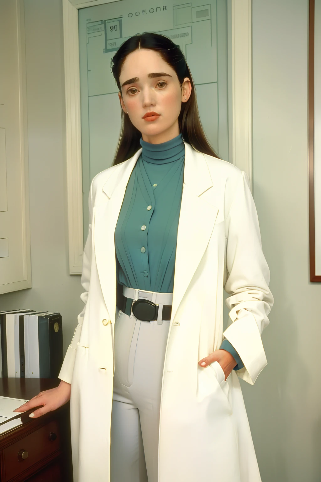1995, Boston. Pre-raphaelite ((((40-year-old)) jennifer connelly)), doctor, hospital elegant office, working, ((((casual Clothing from the 1990s, tailored pants and bouse, white coat)))) ((short Hairstyle of the 1990s)), ((Wes Anderson cinematic style)), colorful