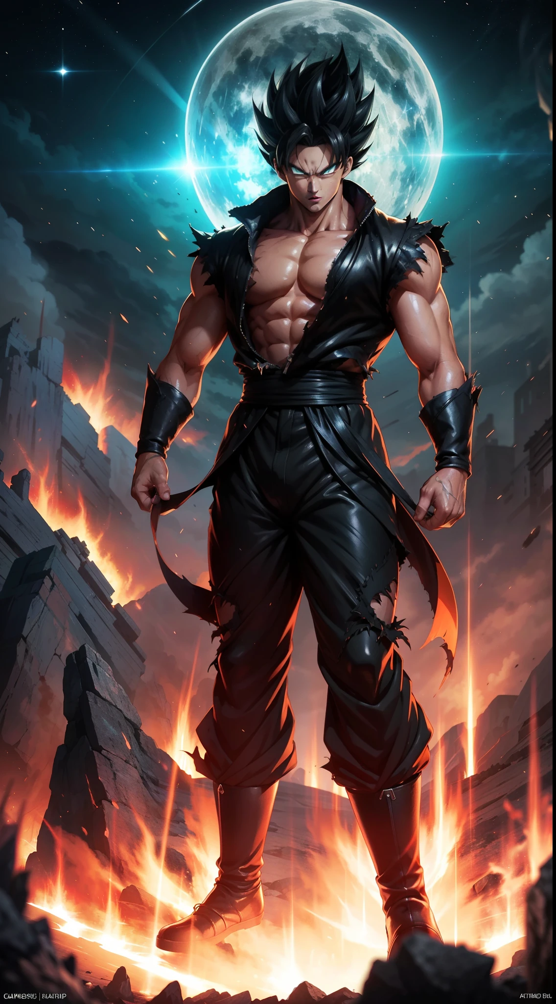 Get ready for a visual feast with Black Demon God, a creature with a handsome face and piercing red eyes. In his transformed state, He radiates extreme instinct and strength, Make an epic anime about this energy man. Watch as he controls fire and lava in stunning anime artwork that will leave you in awe. This concept art is straight out of the Dragon Ball Universe, With manga-style 8K wallpapers that will take you to another dimension. Prepare to be amazed by this detailed digital anime art, Expresses the ultimate combination of style and strength.
