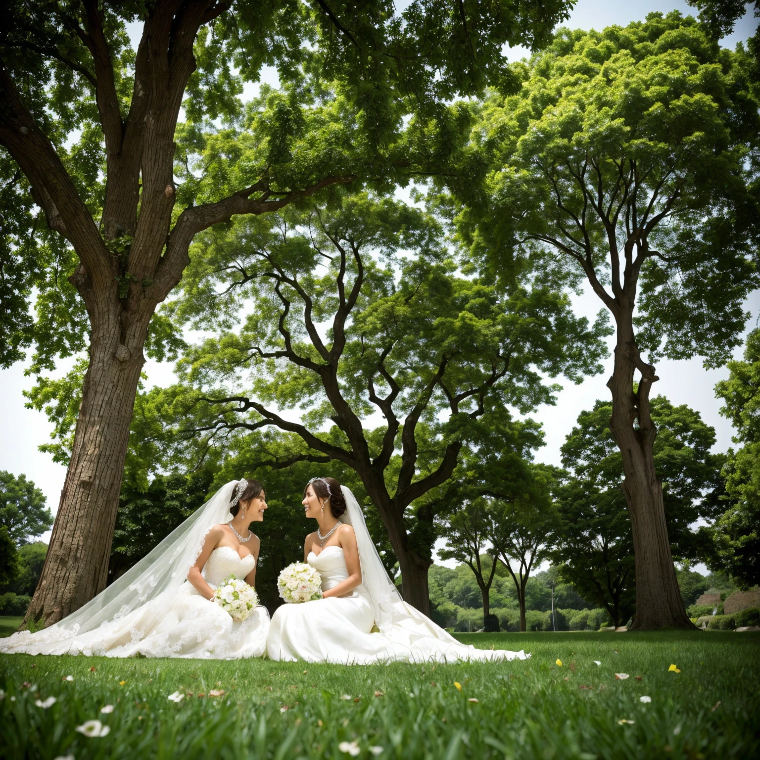 close up of a wedding couple sitting a background of tree made by ivory and leaves made by diamonds and fruits made by gold