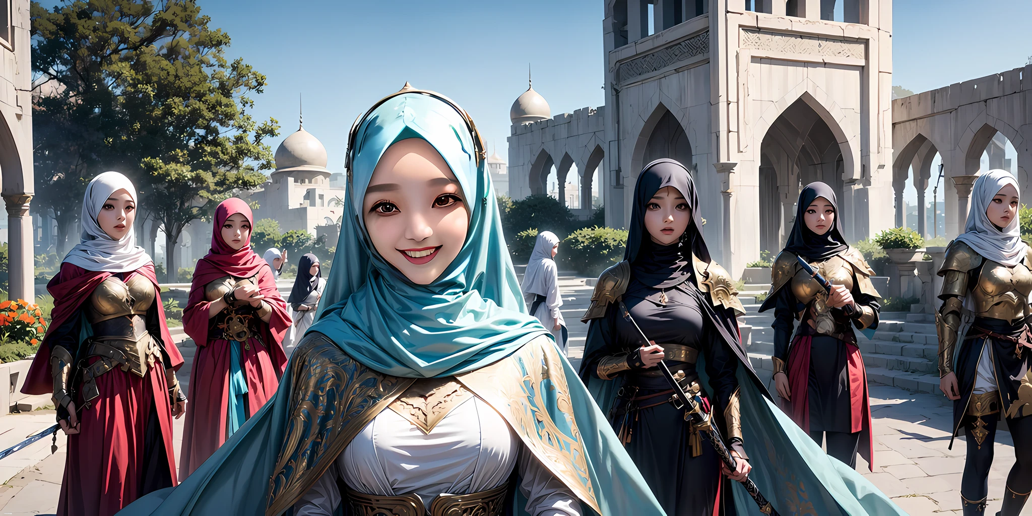 beautiful girl, wearing cape hijab, perfect face, spotless face, kpop idol face, smile teeth, whole body covered by dress