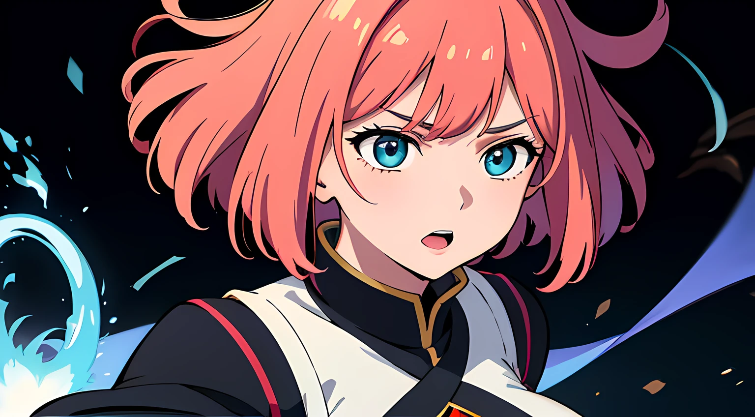 (woman), (akane kurokawa), (ultra-detailed, perfect pixel, highres, best quality, beautiful eyes finely detailed), (fox eared), (full body:0.8), 19 years old anime girl, short raven hair, wavy hair, parted bangs, pink hair, gradient hair color, flowing crimson hair that dances like flames, there is many red fire swirling around her body (transparent:0.7), showing her overpower aura (dangerous and terrifying aura), dangerous, she holding a wizard staff, casting a powerful explosion magic, grand magus, green eyes, strong and heavy steel armor, prestigious, realistic fire, the background is full of magical particles and realistic blue fire. lens flare, glowing light, reflection light, motion blur, 8k, super detail, ccurate, best quality, Ray tracing.