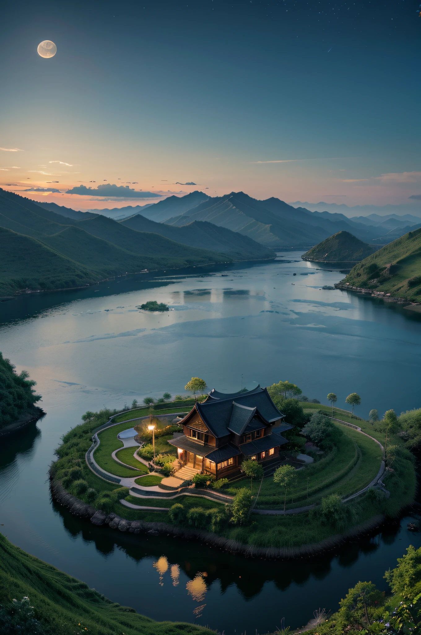 night scene with some house asian, vietnam, viet nam, ha giang, moon, lake in the foreground, calm night, green and blue, digital illustration, 4k highly detailed digital art, night scenery, anime art wallpaper 4k, anime art wallpaper 4 k, 4k detailed digital art, nighttime nature landscape, anime art wallpaper 8 k, background artwork, beautiful art uhd 4 k, 4 k hd illustrative wallpaper