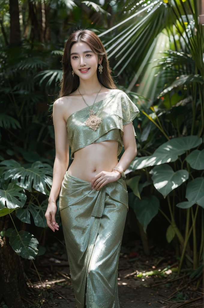 8k, masterpiece, RAW photo, best quality, photorealistic, extremely detailed CG unity 8k wallpaper, Depth of field, Cinematic Light, Lens Flare, Ray tracing, (extremely beautiful face, beautiful lips, beautiful eyes), intricate detail face, ((ultra detailed skin)), (liuyifei:0.2) 1girl, deep shadow, pretty girl, (very slim slender fit-muscled body:1.3), ((looking at viewer)), (big smile:1.3), clear eyes, front shot, (pale skin), (big eyes), face forward, (brown hairs), very slim, small breasts, BREAK (dark color long sabai:1.4), traditional thai dress, (jewelry:1.3), (navel), BREAK in dark tropical_forest, (hard light, light rays, dappled light, ray tracing:1.6), shadows, water reflection,