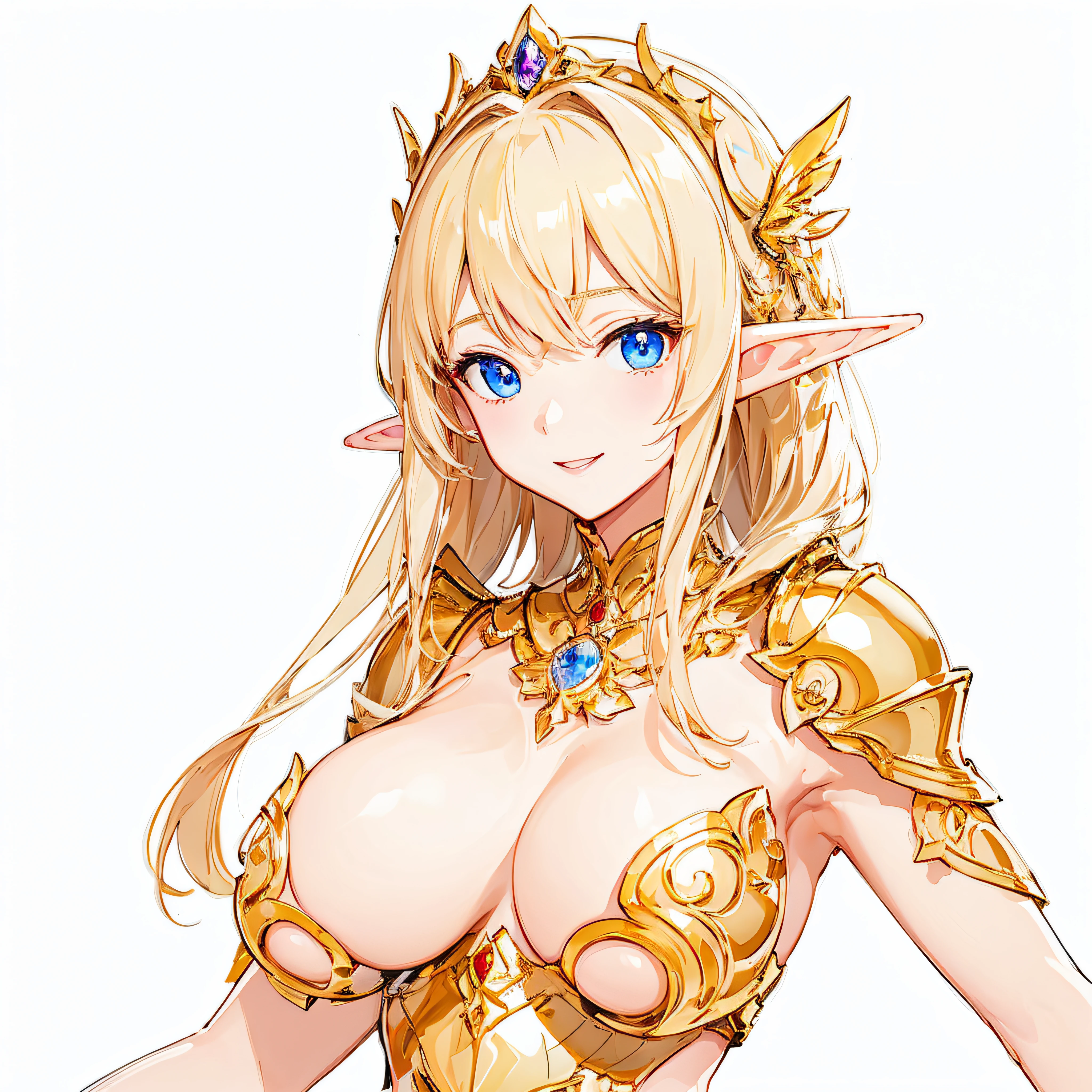 ​masterpiece、top-quality、ighly detailed、hight resolution、１６ｋ、fullnude、teats、Boob proportions、golden armour、Very thin skirt、Full body like、Very white skin、Beautiful fingers、Anime girl with very big breasts posing naked、Perfect Style、elvish、no-bra、Blonde blue-eyed、A smile、An elf girl