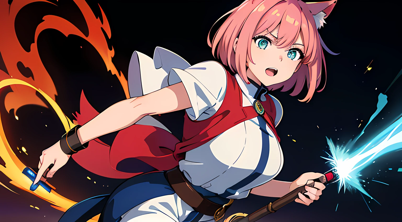 (woman), (akane kurokawa), (ultra-detailed, perfect pixel, highres, best quality, beautiful eyes finely detailed), (fox eared), (full body:0.8), 19 years old anime girl, short raven hair, wavy hair, parted bangs, pink hair, gradient hair color, flowing crimson hair that dances like flames, there is many red fire swirling around her body (transparent:0.7), showing her overpower aura (dangerous and terrifying aura), dangerous, she holding a wizard staff, casting a powerful explosion magic, grand magus, green eyes, strong and heavy steel armor, prestigious, realistic fire, the background is full of magical particles and realistic blue fire. lens flare, glowing light, reflection light, motion blur, 8k, super detail, ccurate, best quality, Ray tracing.