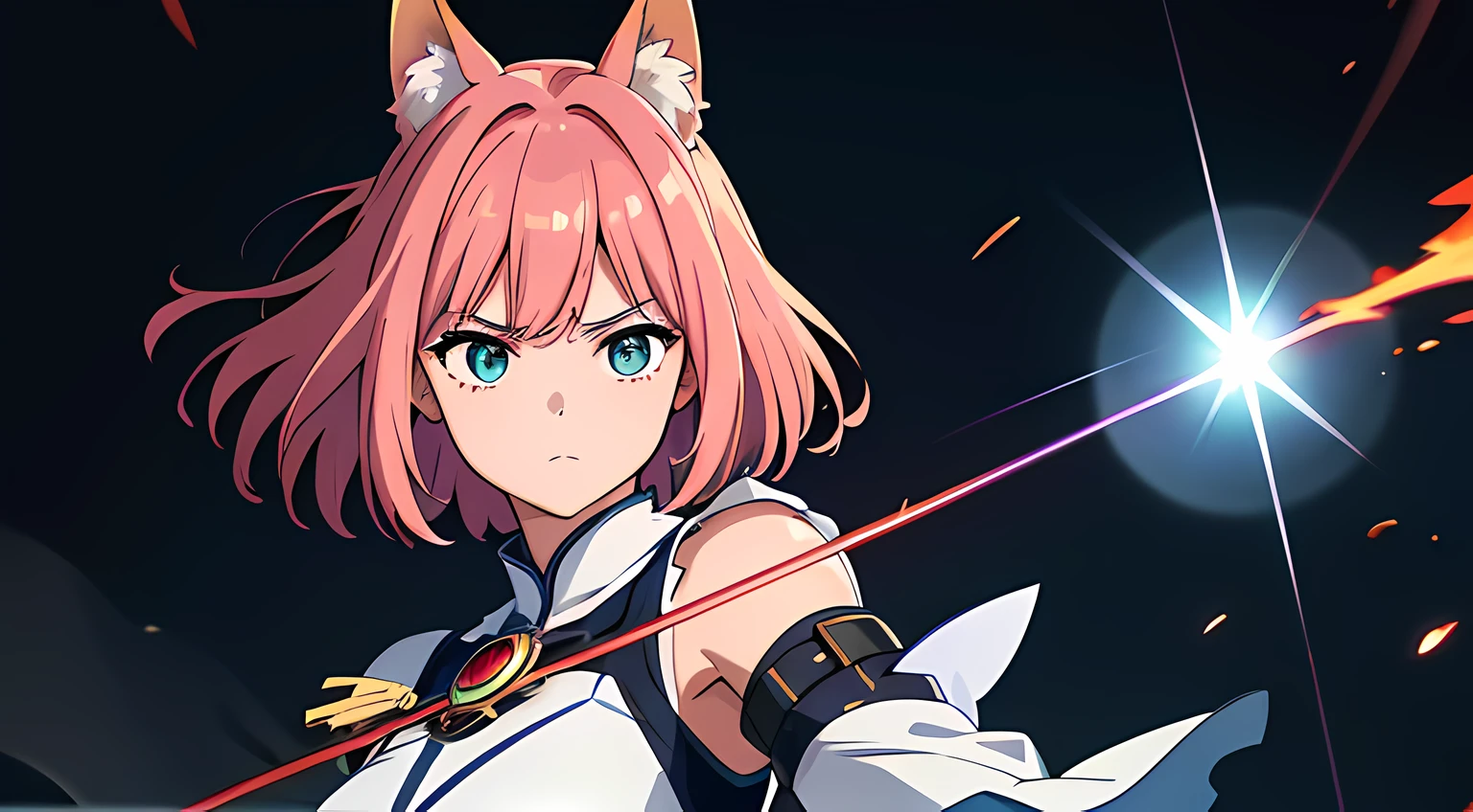 (woman), (akane kurokawa), (ultra-detailed, perfect pixel, highres, best quality, beautiful eyes finely detailed), (fox eared), (full body:0.8), 19 years old anime girl, short raven hair, wavy hair, parted bangs, pink hair, gradient hair color, flowing crimson hair that dances like flames, there is many red fire swirling around her body (transparent:0.7), showing her overpower aura (dangerous and terrifying aura), dangerous, she holding a wizard staff, casting a powerful explosion magic, grand magus, green eyes, strong and heavy steel armor, prestigious, realistic fire, the background is full of magical particles and realistic blue fire. lens flare, glowing light, reflection light, motion blur, 8k, super detail, ccurate, best quality, Ray tracing.