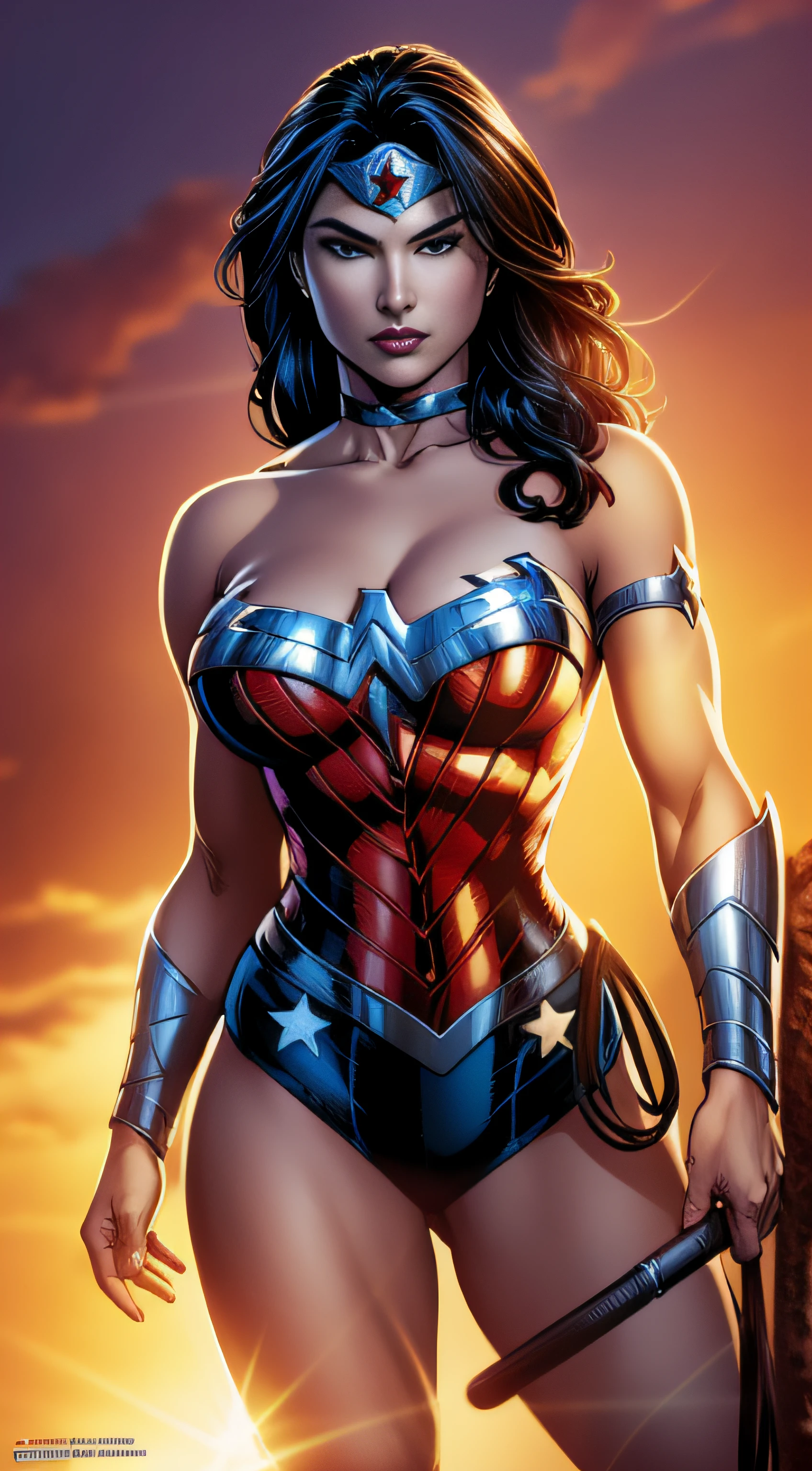 Sexy beautiful Wonder Woman (New 52) . portrait photography by artgerm, in the style of realism, glistening skin, cartooncore, mangacore, natural lighting, Defined full lips. fitness feminine body full body