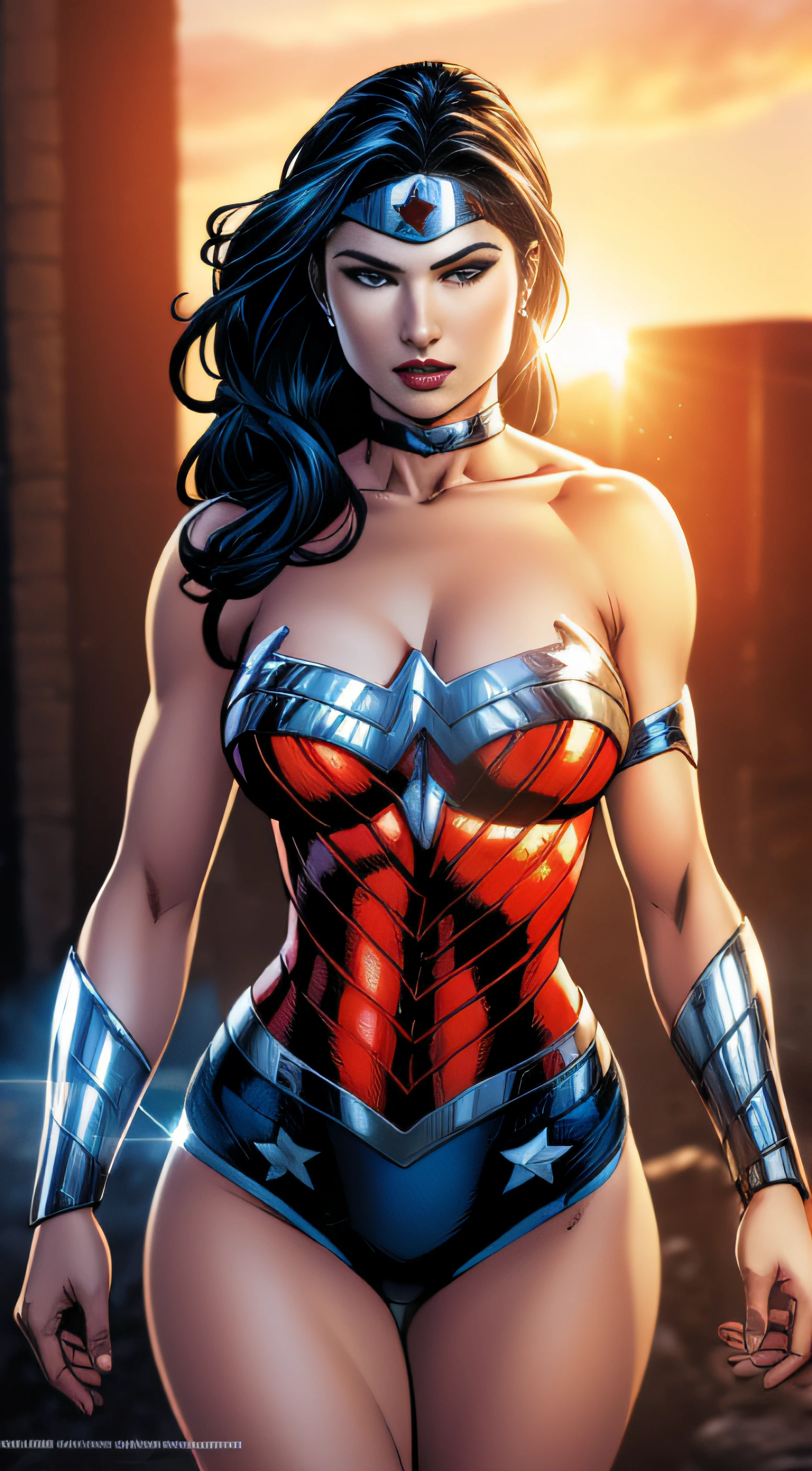 Sexy beautiful Wonder Woman (New 52) . portrait photography by artgerm, in the style of realism, glistening skin, cartooncore, mangacore, natural lighting, Defined full lips. fitness feminine body full body