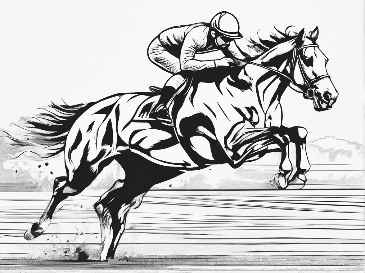 monochromes、Horse racing、Feeling of sprinting、Horizontal angle、line-drawing、silhuette、landscape、One Horse