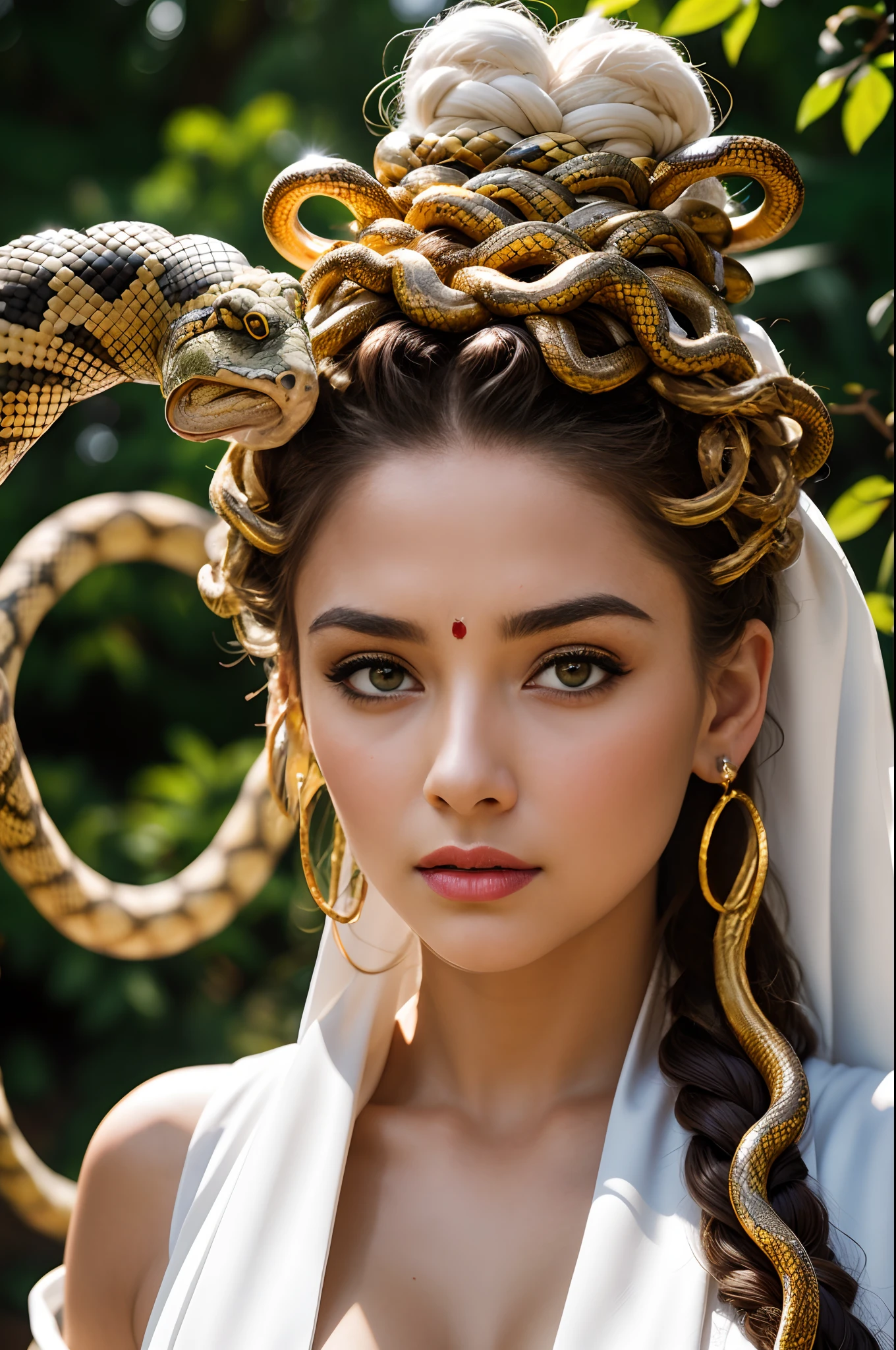 A beauttiful medusa woman wearing a white toga, she has snakes for hair ,best quality masterpiece, realistic photo, intricately detailed, 8k, HDR, shallow depth of field, wide light, high contrast, backlight, light flares, chromatic aberration, sharp focus, RAW color photo, looking at the camera, various poses