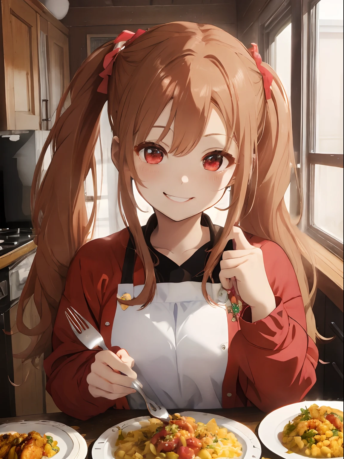 home dining,There&#39;There are many dishes on the plate in front of you.,Fried shrimp,have a knife and fork、look at food as if you were about to eat it,A smile,Slight red tide,fluffy hair,Light brown ponytail,Pigtails,Braids,bright-colored long-sleeved clothes,