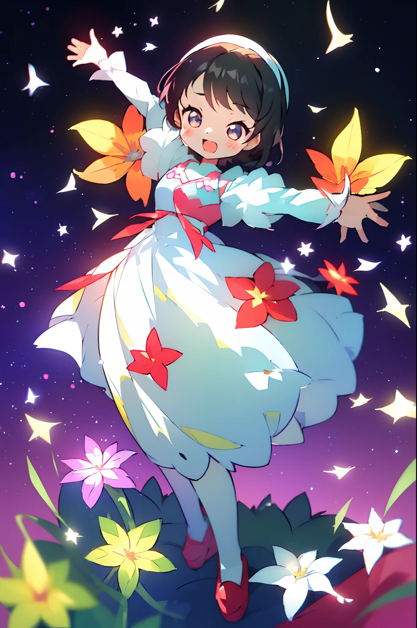 Extremely detailed,(Fractal Art:1.1),(Colorful:1.1)(Flowers:1.3)、 (Dynamic Pose), (Abstract background:1.3)、(Many colors:1.4)、Place one small doll on a circular stand、kawaii pose、A smile、A dark-haired、Chibi Doll、Stars in the eyes（kirakira）、Singing with microphone in hand、Eye Up、Laugh、Cute red shoes、Ultra Detail, radiant light、bio luminescent、Stronger bokeh effect、Taken from the side