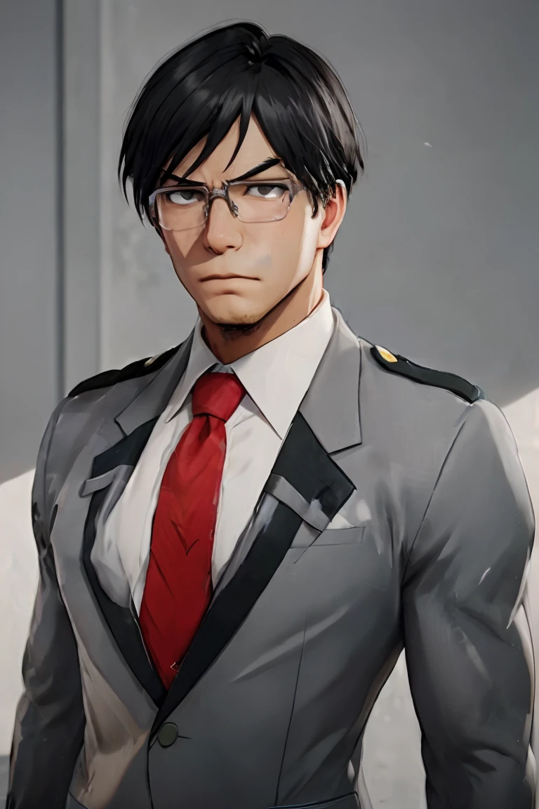 masterpiece, 3d, iidatenya, gray suit and red tie, school uniform, glasses, muscled