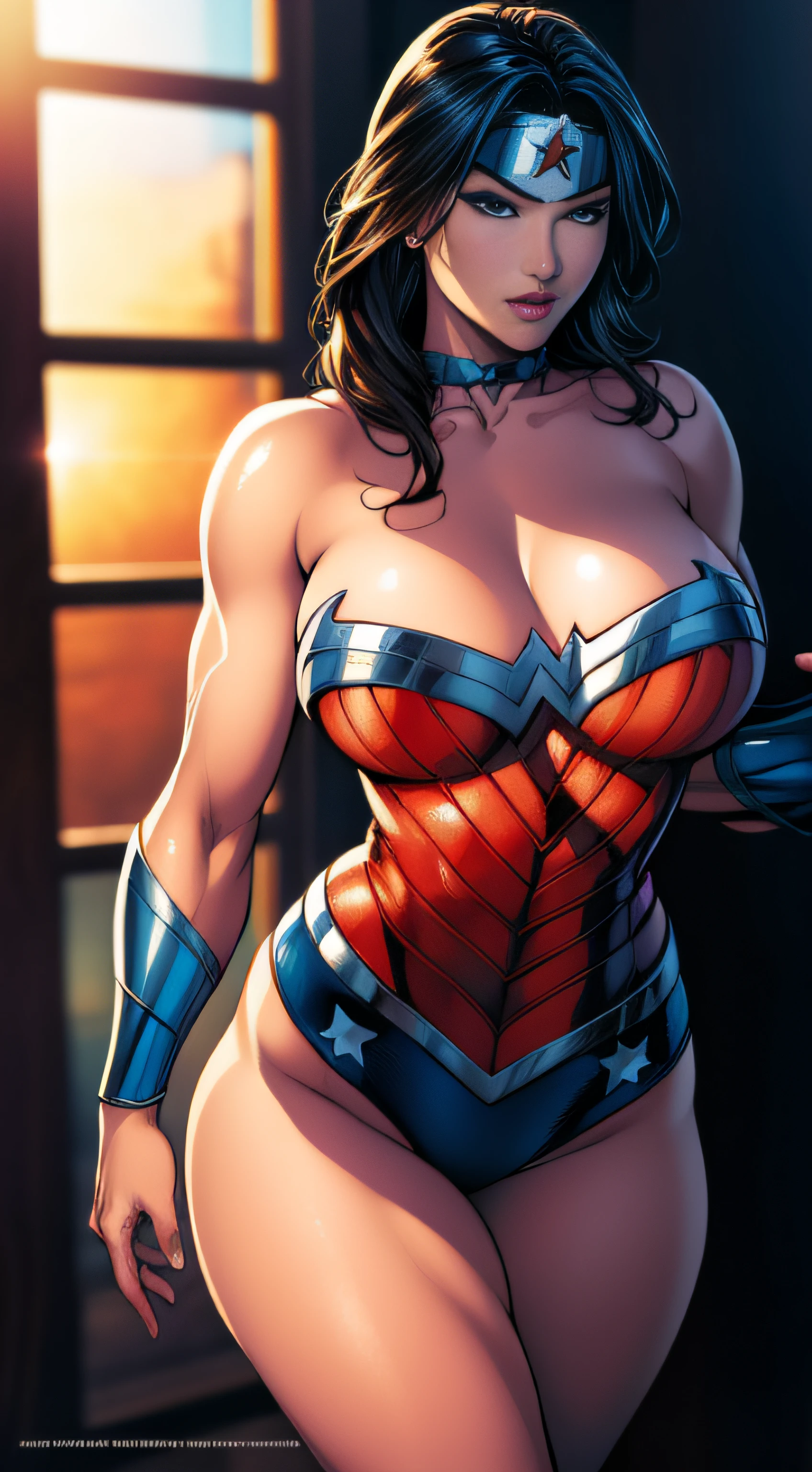 Sexy beautiful Wonder Woman (New 52) . portrait photography by artgerm, in the style of realism, glistening skin, cartooncore, mangacore, natural lighting, Defined full lips. fitness feminine body full body