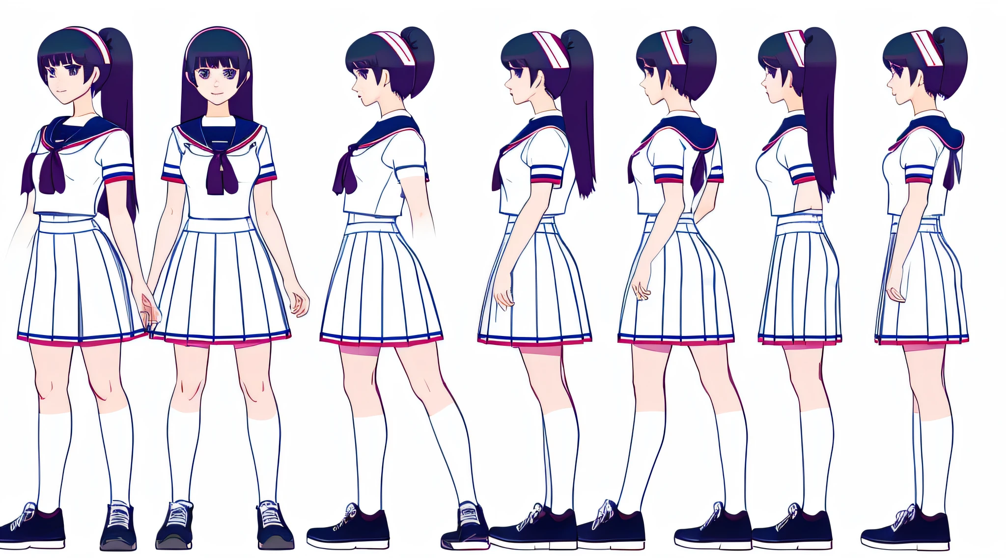 girl with,1人, 18year old,Cool, Standing Girl, three sided view, Front, back and sides, Character Sheet,Full body,Simple background,design sheet,female students,a sailor suit