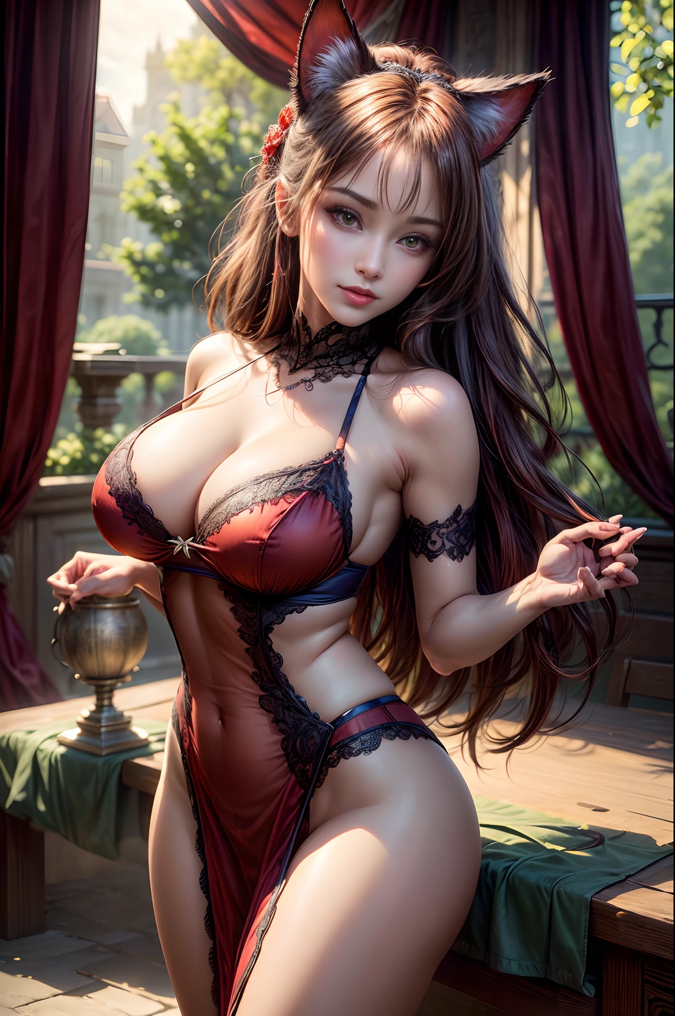 (Best Quality,4K,8K,hight resolution,masutepiece:1.2),Ultra-detailed,(Realistic,Photorealistic,Photorealsitic:1.37),Portraits, landscape, Vivid colors, Studio Lighting, extreme detail description, Physically-based rendering, Sharp Focus, Bokeh, nffsw, nffsw, Concept Artist, Silky smooth skin, mesmerizing eyes, sensual lip, Flowing hair, Engaging pose, Elegant body shape, Sheer lingerie, Detailed lace patterns, Seamless fabric, Intricate embroidery, Different shades of red, Blue, Green, and yellow, Vibrant colors, Soft lighting, dynamic compositions,Cat's ears