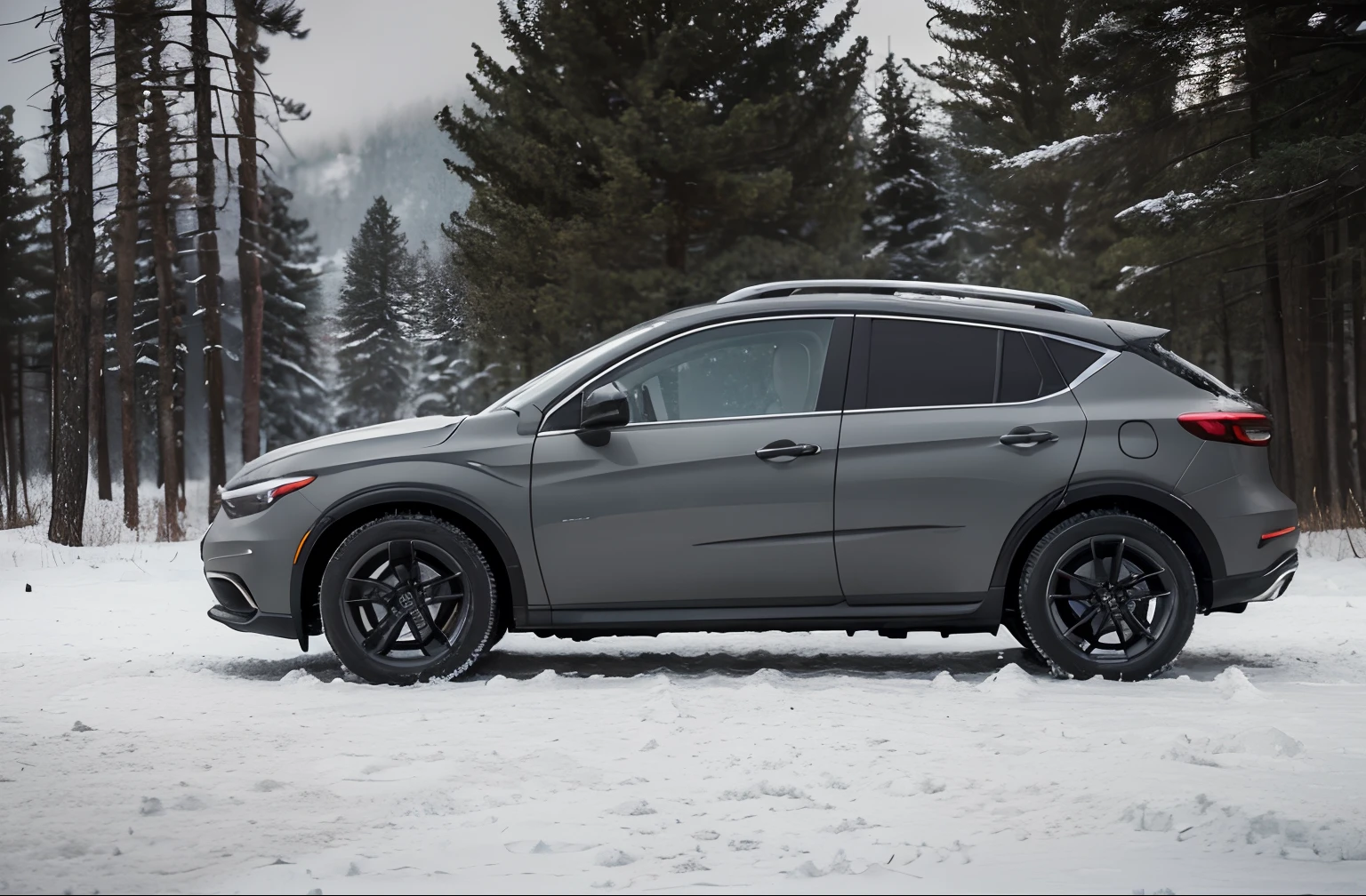 (((Close-up of a dark gray family car in a snowy forest))), side perspective, concept ar, conceito, 3/4 side view, full view of a car, 9 k, 9K, a wide full shot, C 12.0, aerodynamic imposing, dynamic angle shot, in a panoramic view, 4 ), 6k，Soft beauty，softlighting，Sunny morning，warm texture，Warm feeling，Warm