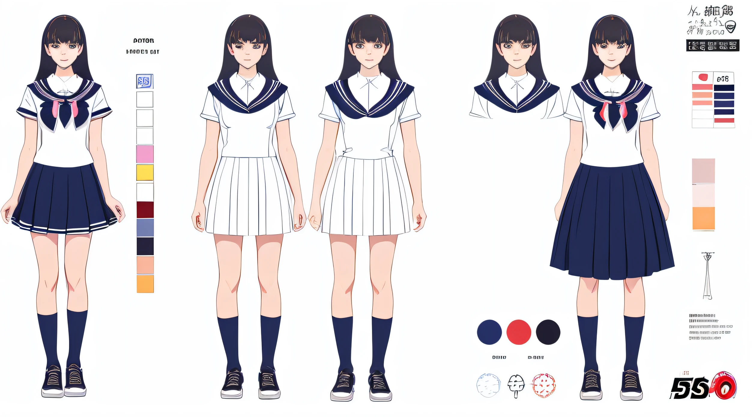1girl, 18 yo,cool, standing girl, three view drawing, front and back and side, character sheet,full body,simple background,design sheet,female students,a sailor suit