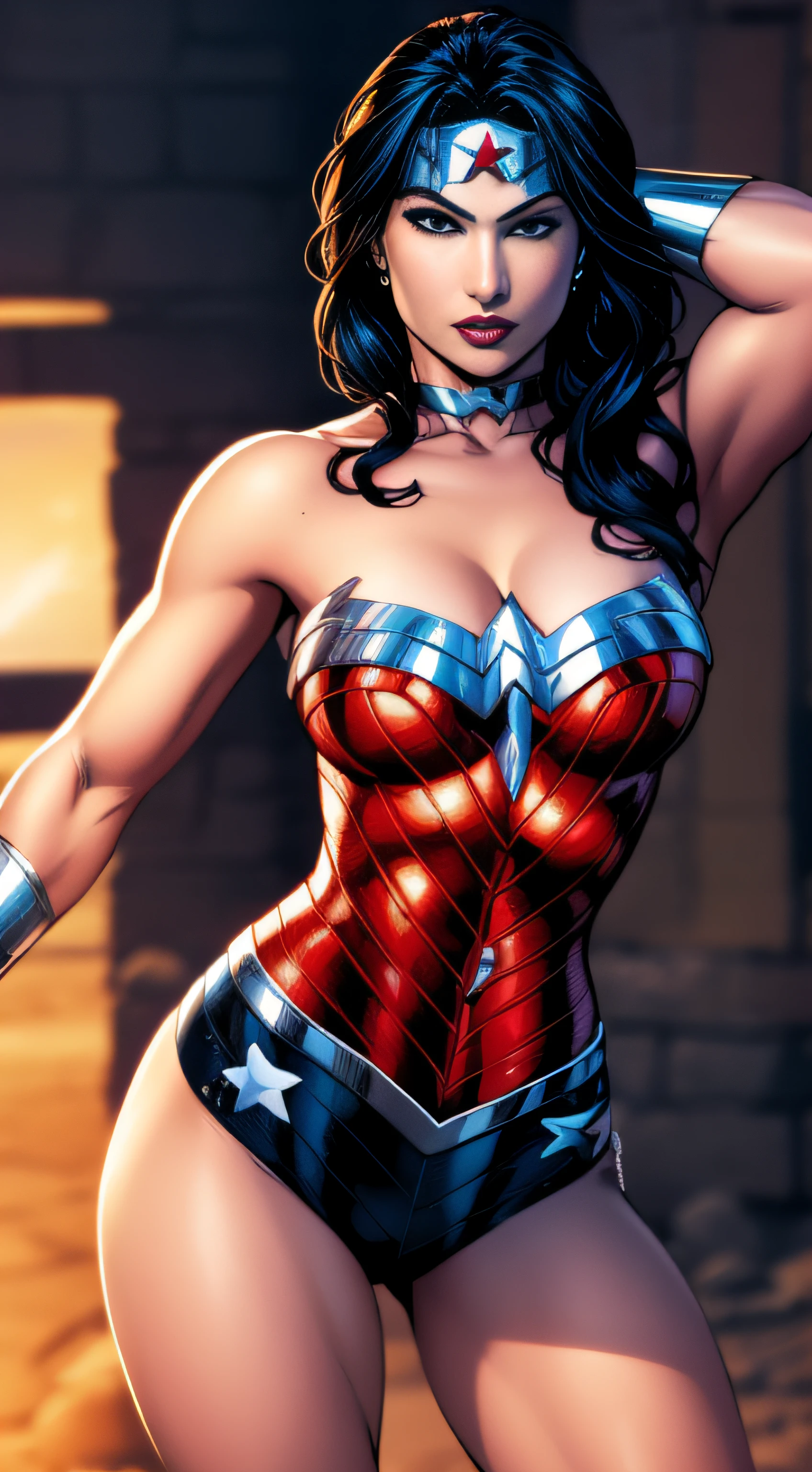 Sexy beautiful Wonder Woman (New 52) . portrait photography by artgerm, in the style of realism, glistening skin, cartooncore, mangacore, natural lighting, Defined full lips. fitness feminine body full body